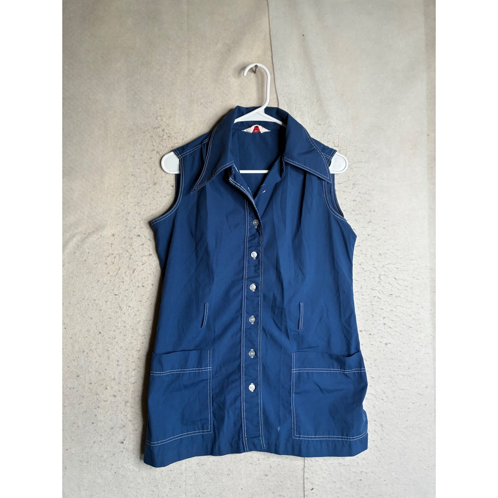 Vintage Navy Blue Sleeveless Button Front Tunic Top Contrast Stitch Pockets 12 Vintage Navy Blue Sleeveless Button Front Tunic Top Contrast Stitch Pockets 12