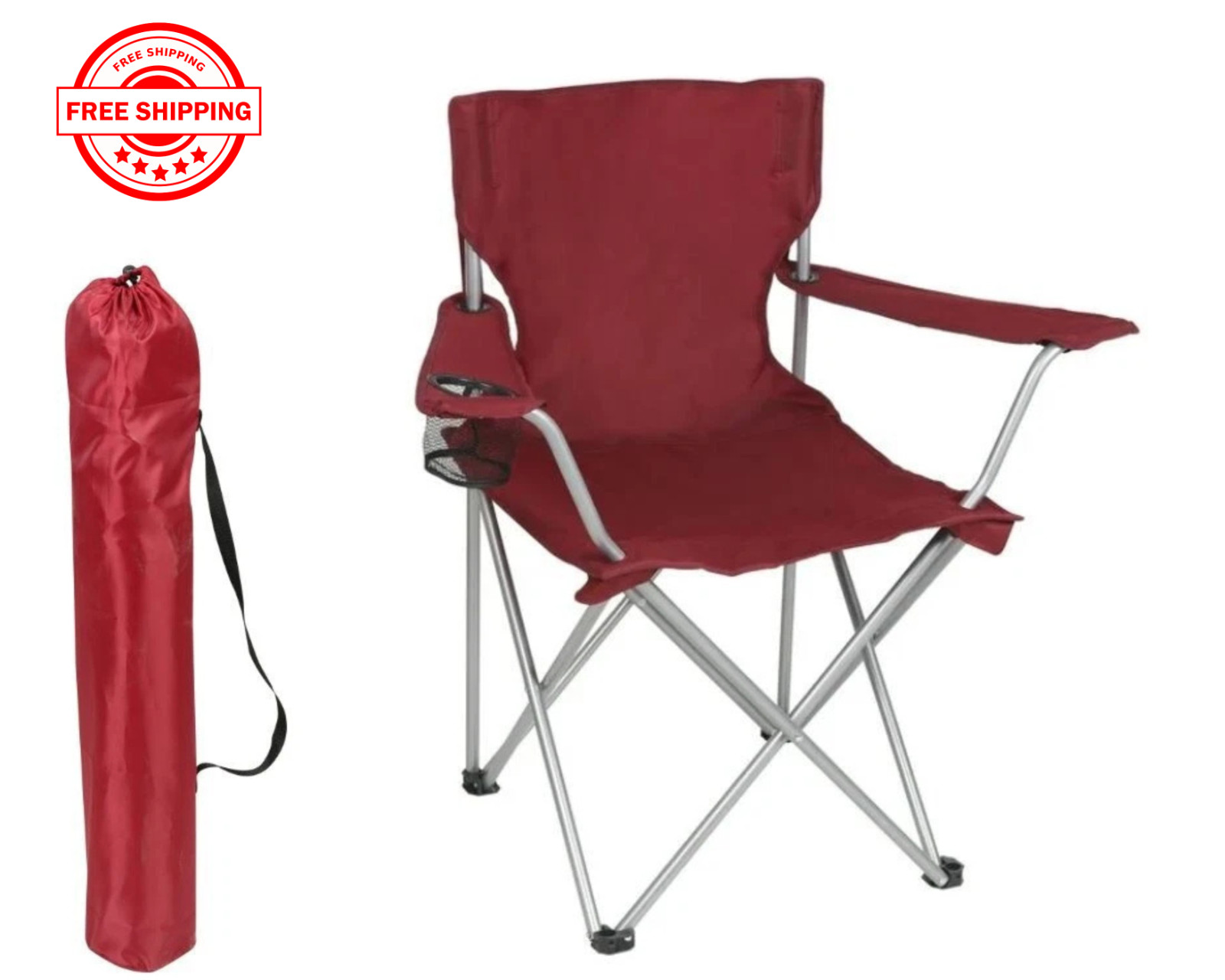 Ozark Trail Basic Quad Folding Camp Chair with Cup Holder, Red, Adult