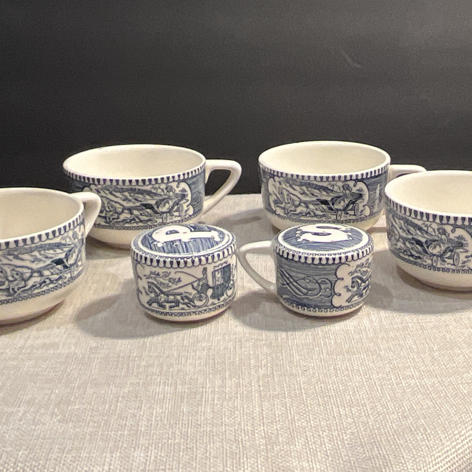 VTG Blue and White Royal China Company Currier and Ives 4 Tea Cups S &P Set of 6 VTG Blue and White Royal China Company Currier and Ives 4 Tea Cups S &P Set of 6