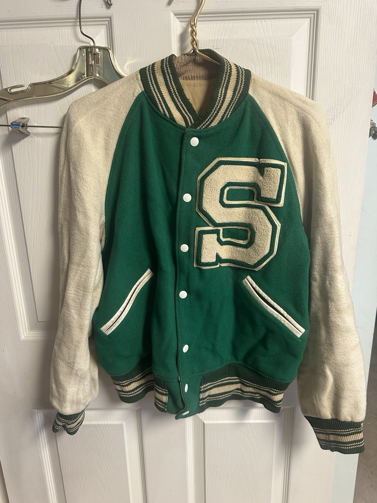 Vnt Varsity Letterman S Jacket Wool Distressed Green 50s 60s Snap Med 44w 25L Vnt Varsity Letterman S Jacket Wool Distressed Green 50s 60s Snap Med 44w 25L