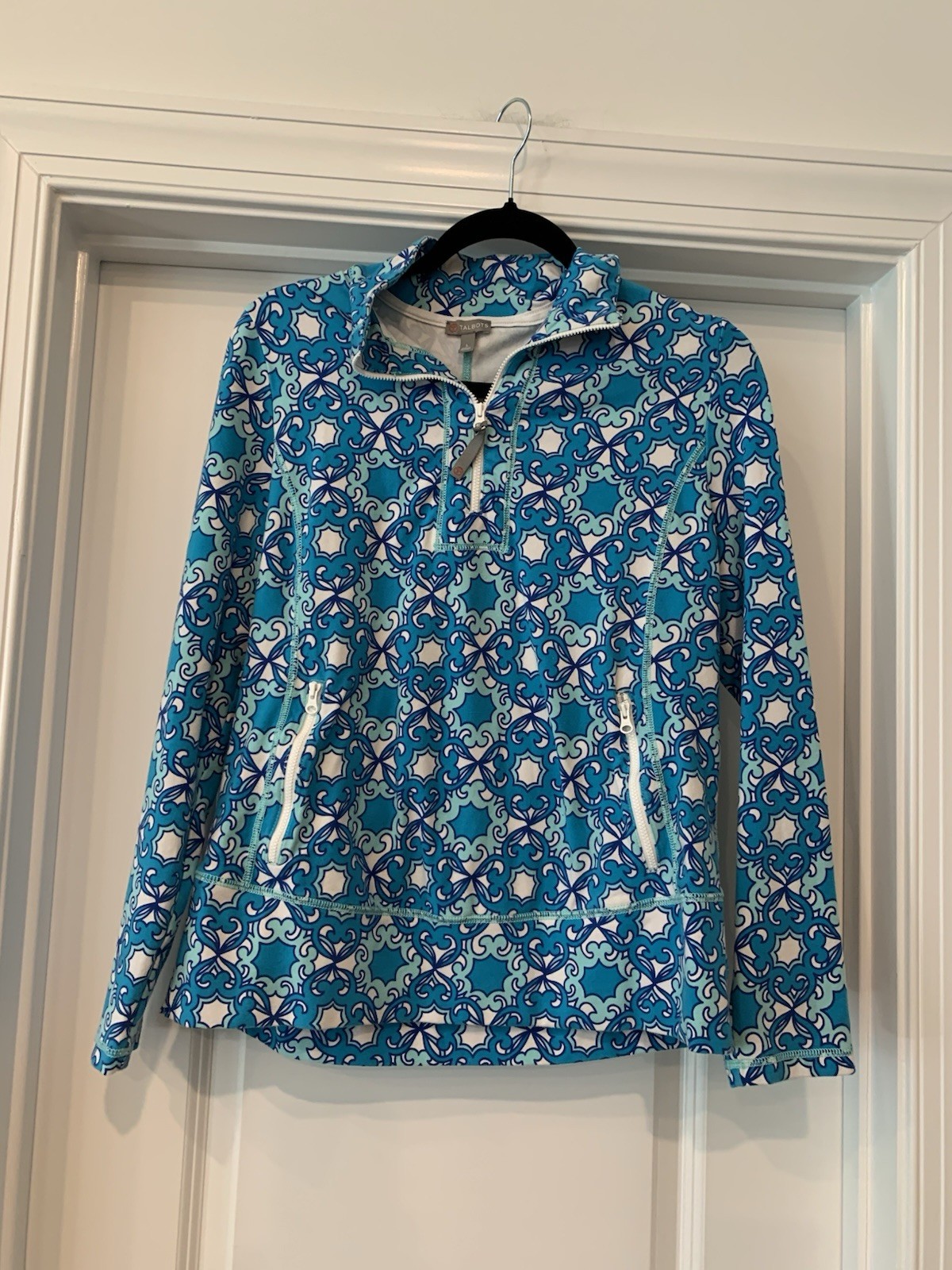 Talbots Womens Sporty Pullover Quarter Zip Blue Print L NWOT