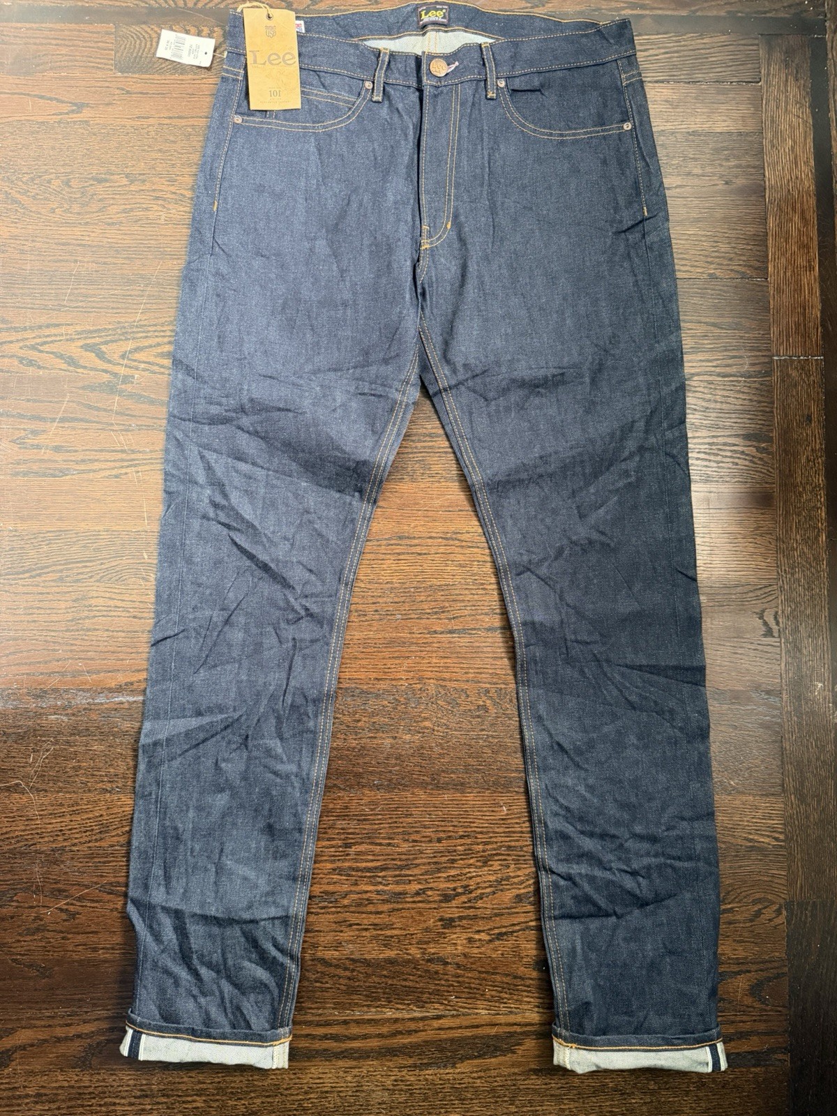 LEE 101 Selvedge Denim Jeans 36x33 Made In USA Straight Leg Dark Blue NWT