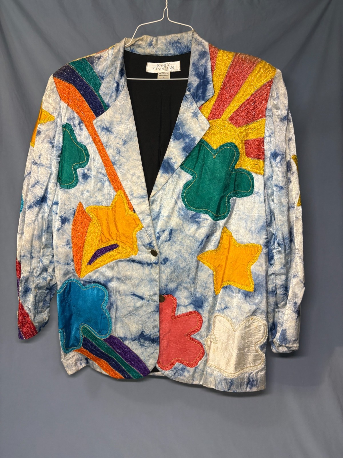 Vintage 90s Sandy Starkman Jacket S Rainbow Sun Stars Wearable Art Rayon