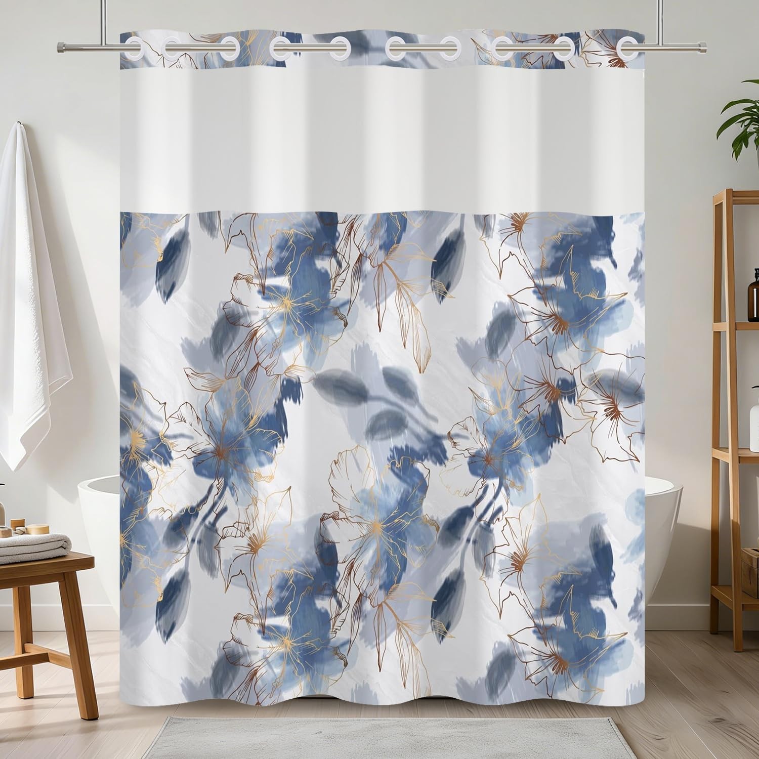No Hook Floral Shower Curtain with Snap in Liner 71x74 Inch