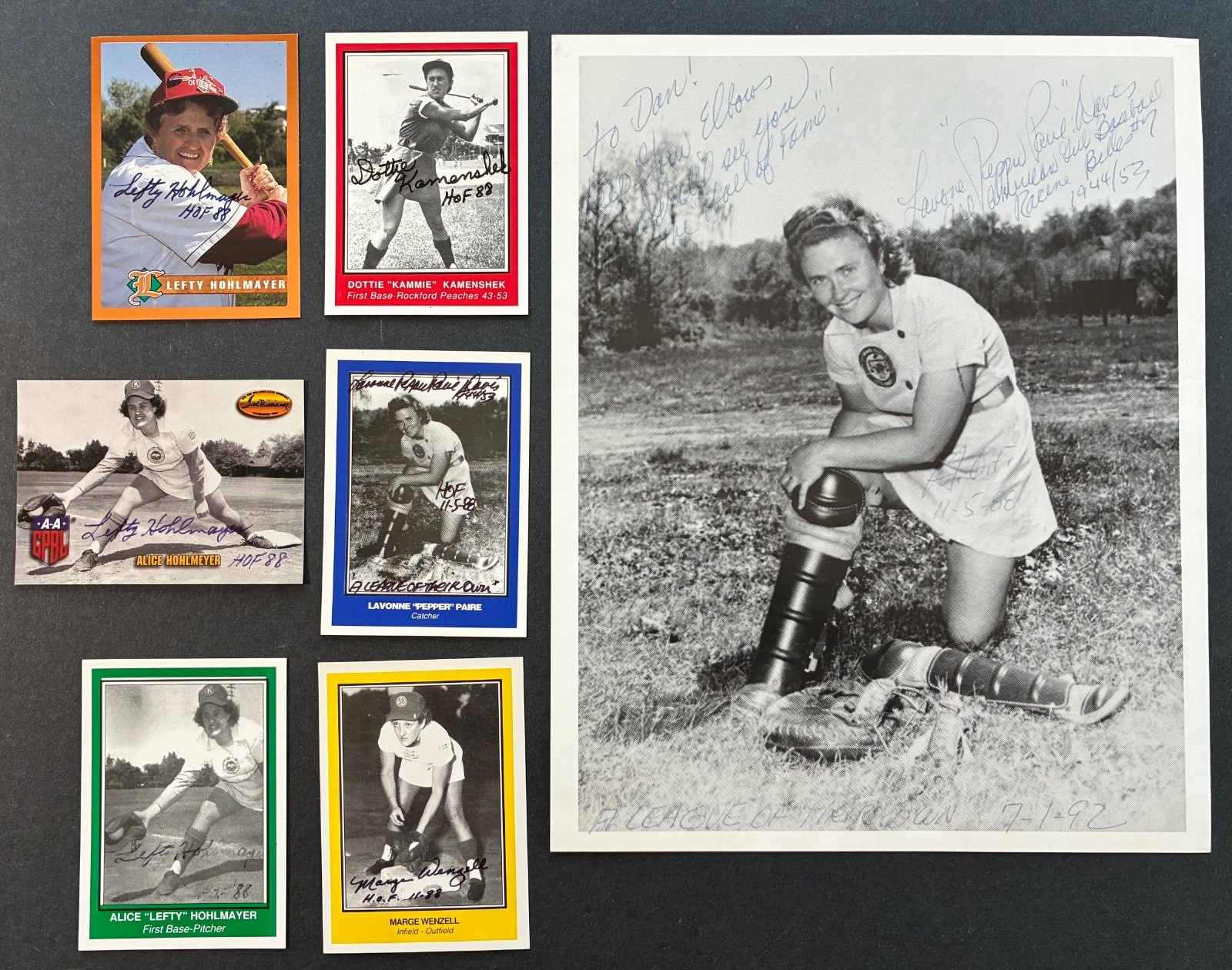 AAGPBL  7 SIGNED ITEMS Lefty Hohlmeyer, Pepper Paire, Etc. A LEAGUE OF THEIR OWN
