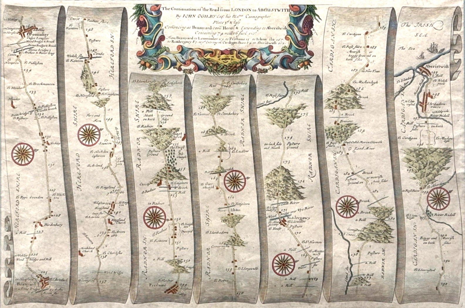 Vibrant Antique John Ogilby England Strip Map Brittania, Rare Historic Art Gift