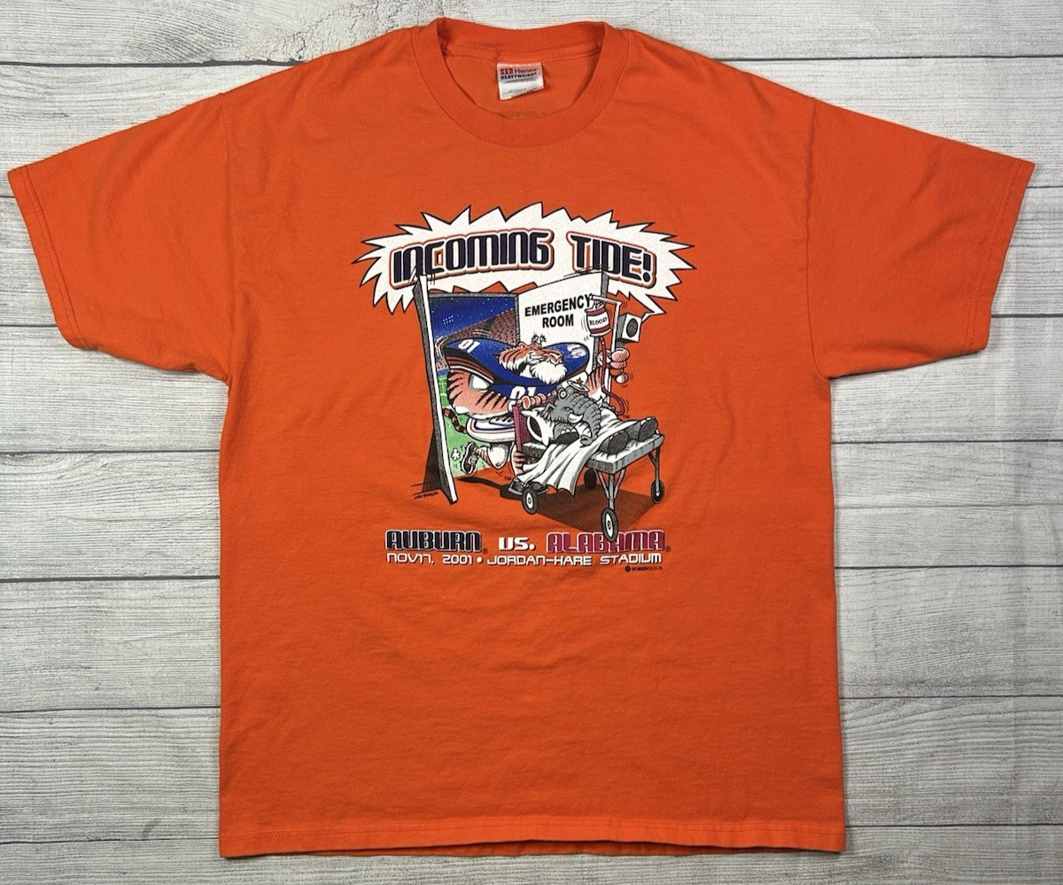 Vtg Auburn Tigers T-Shirt Size L Orange Cartoon 2001 Auburn Vs Alabama Iron Bowl