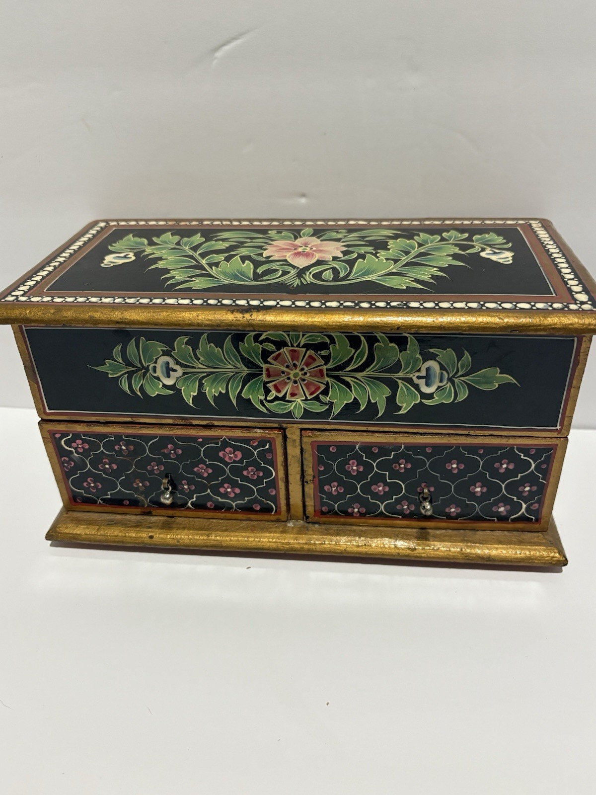 Vintage Hand Painted Wooden Floral Folk Art Jewelry Trinket Storage Box Chest