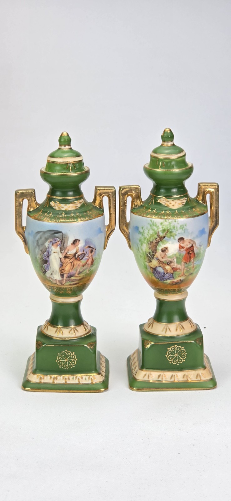 Vintage Erphila Czechoslovakia Green Urns Vases Pair 8\