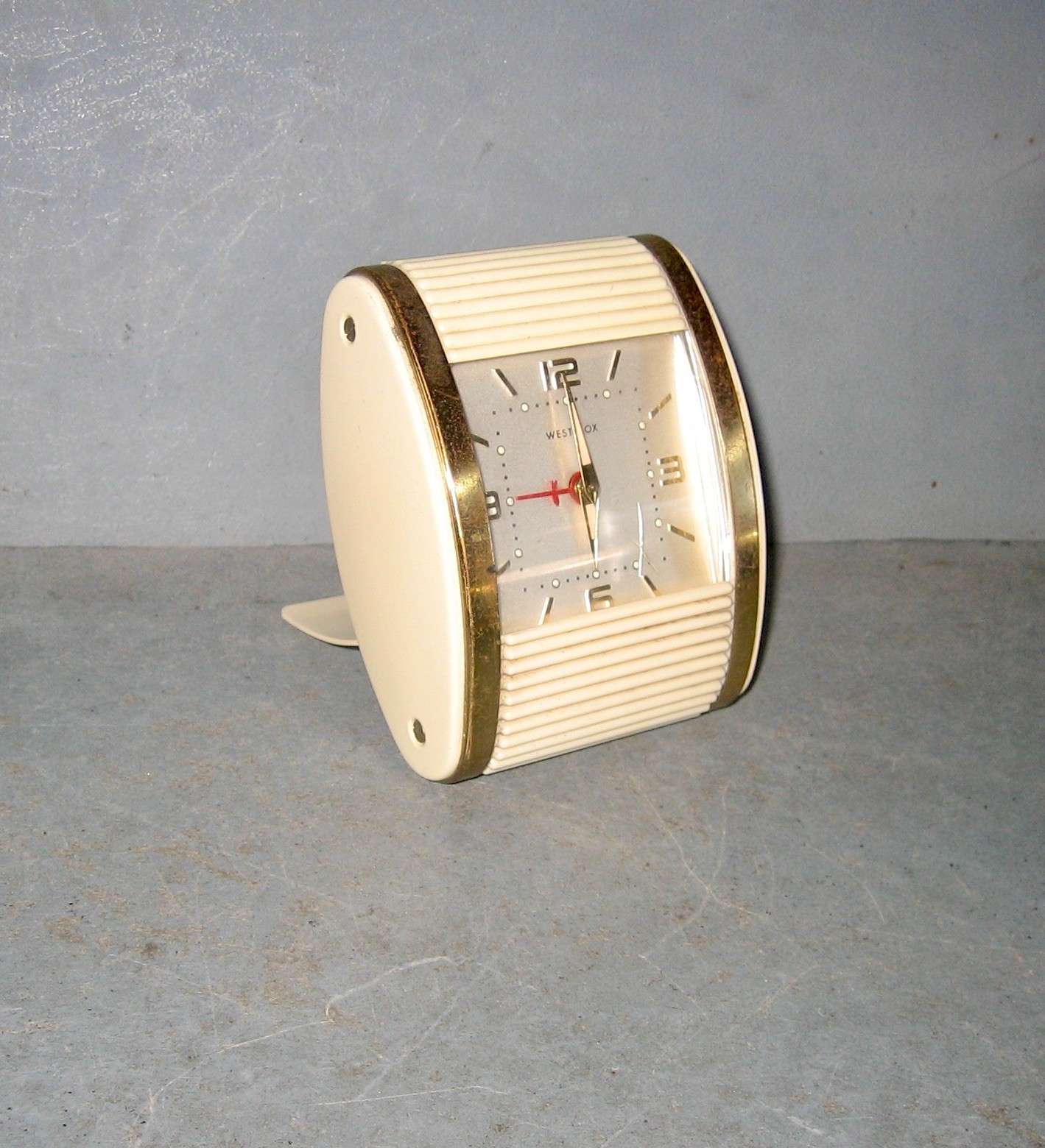 Vintage Westclox Ivory Travalarm Travel Alarm Clock, Sliding Shutter, Art Deco Vintage Westclox Ivory Travalarm Travel Alarm Clock, Sliding Shutter, Art Deco
