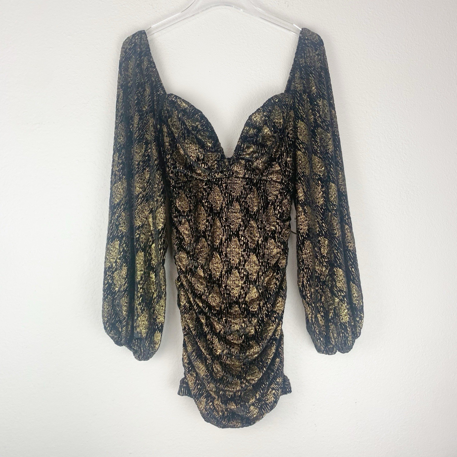 Luxxel Dress Womens Medium The Leyton Mini Ruched Black Gold Balloon Sleeves New Luxxel Dress Womens Medium The Leyton Mini Ruched Black Gold Balloon Sleeves New