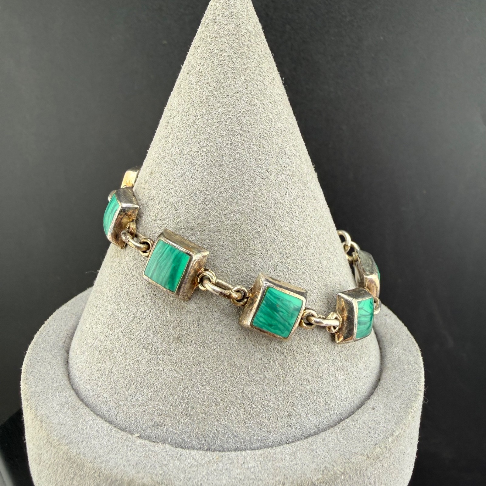Vintage Malachite Bracelet Silver Tone Polished Stone Untested Metal 6.5”