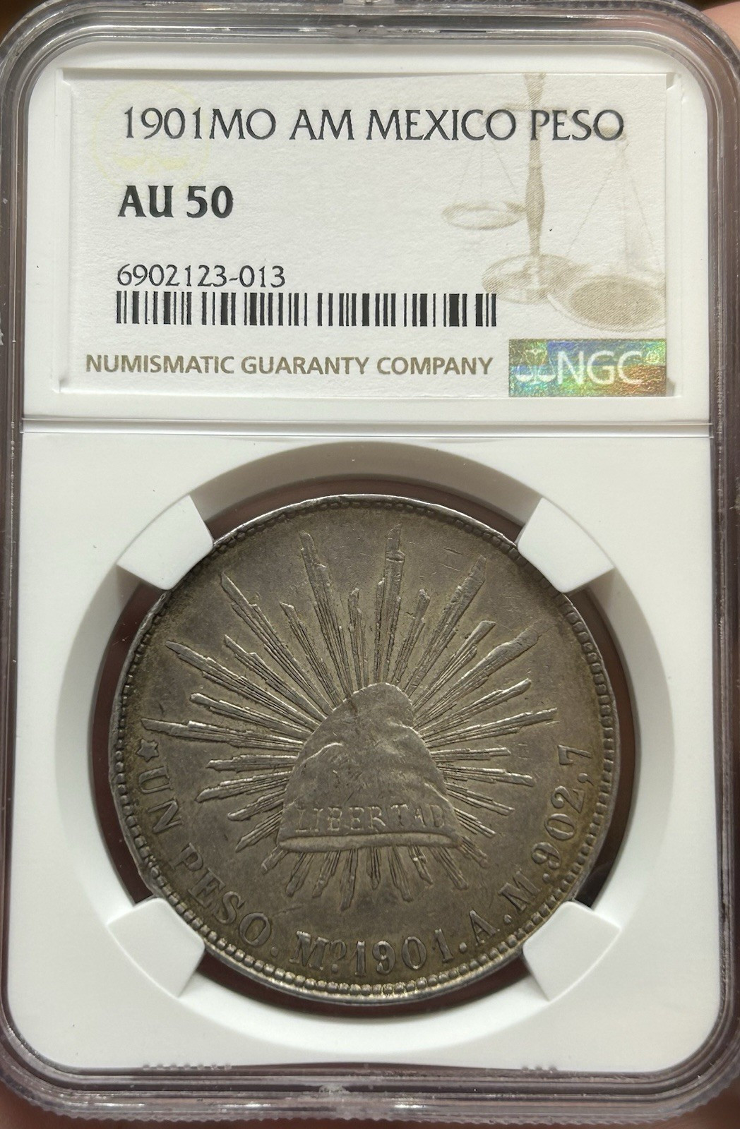 1901 Mo AM Mexico 1 Peso Silver Coin NGC AU50 Cert# 6902123-013 KM409.2 1901 Mo AM Mexico 1 Peso Silver Coin NGC AU50 Cert# 6902123-013 KM409.2