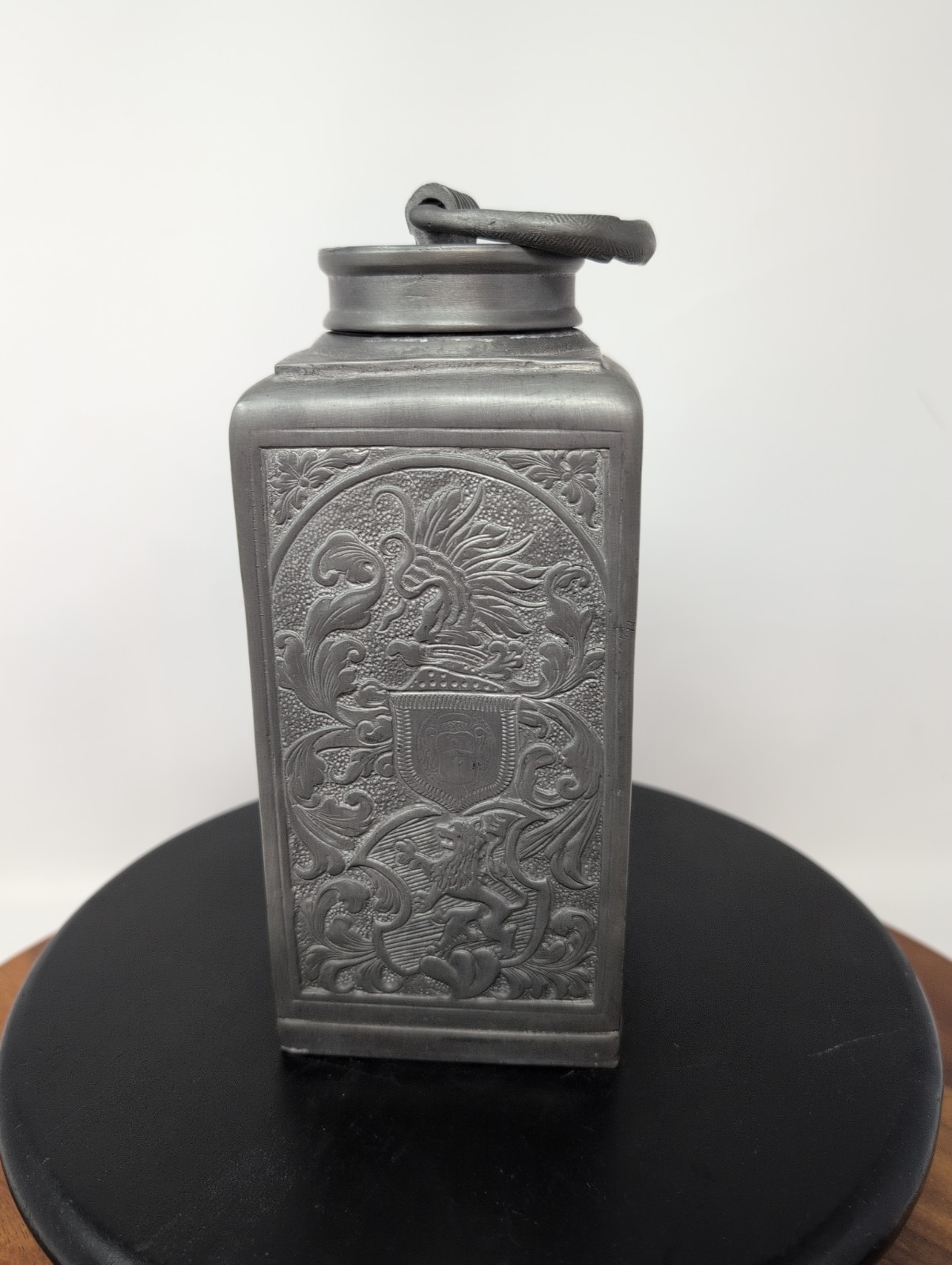 Antique Pewter Bottle Germany 19th Century Decanter Relief Decoration 