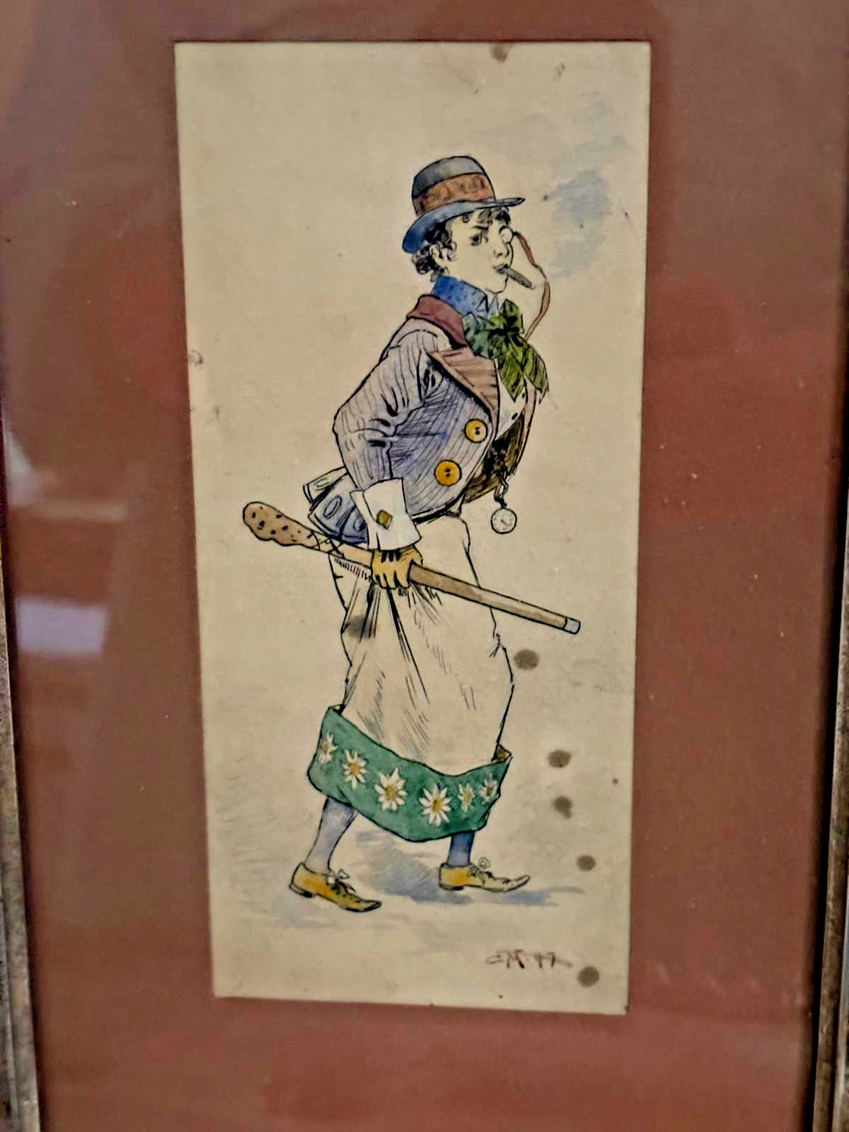 Antique watercolor painting  signed as CM.41
