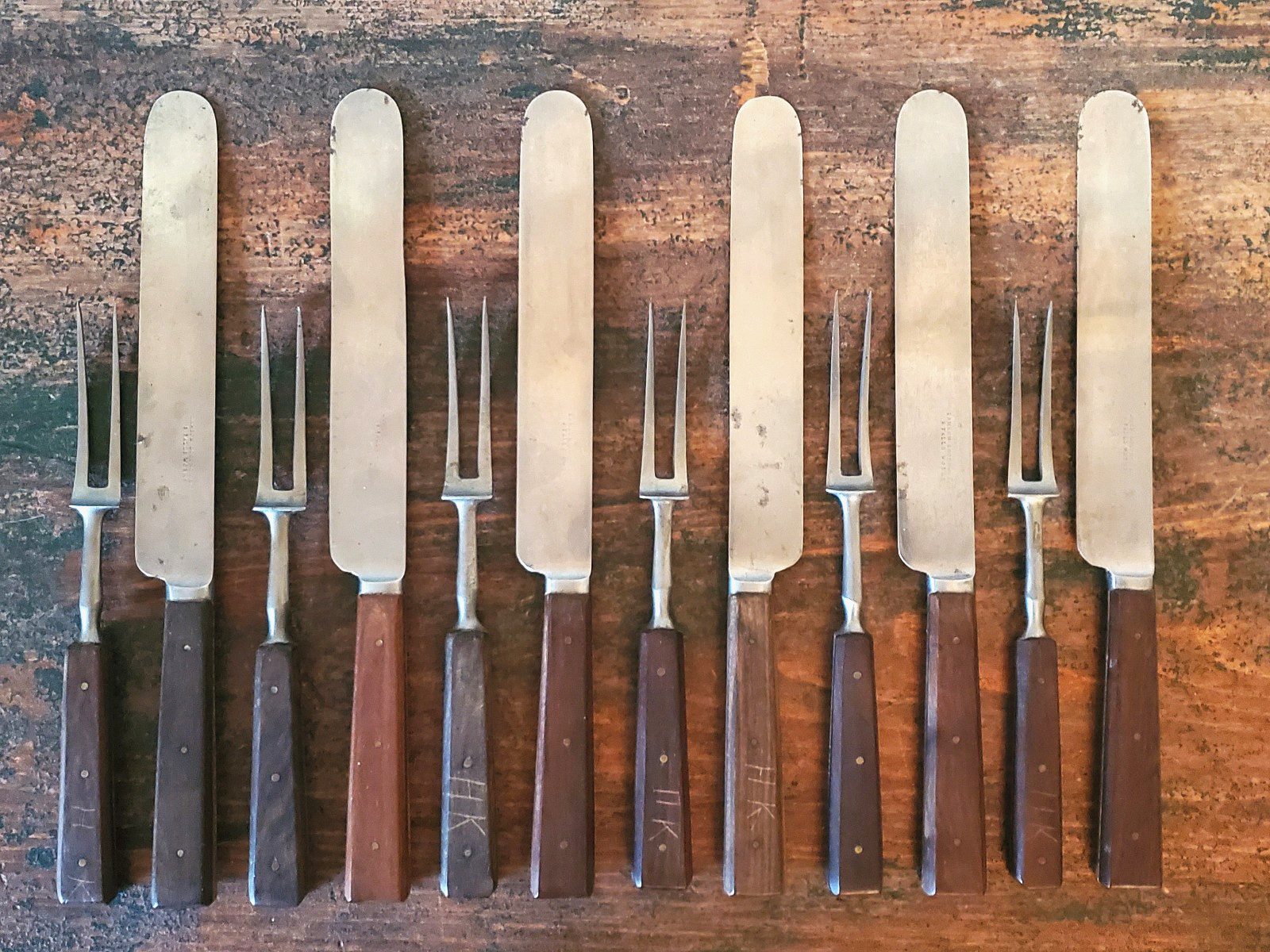 Rare ANTIQUE Early LAMSON GOODNOW 2 Tine FORK KNIFE Set 12 Piece SIGNED Cutlery
