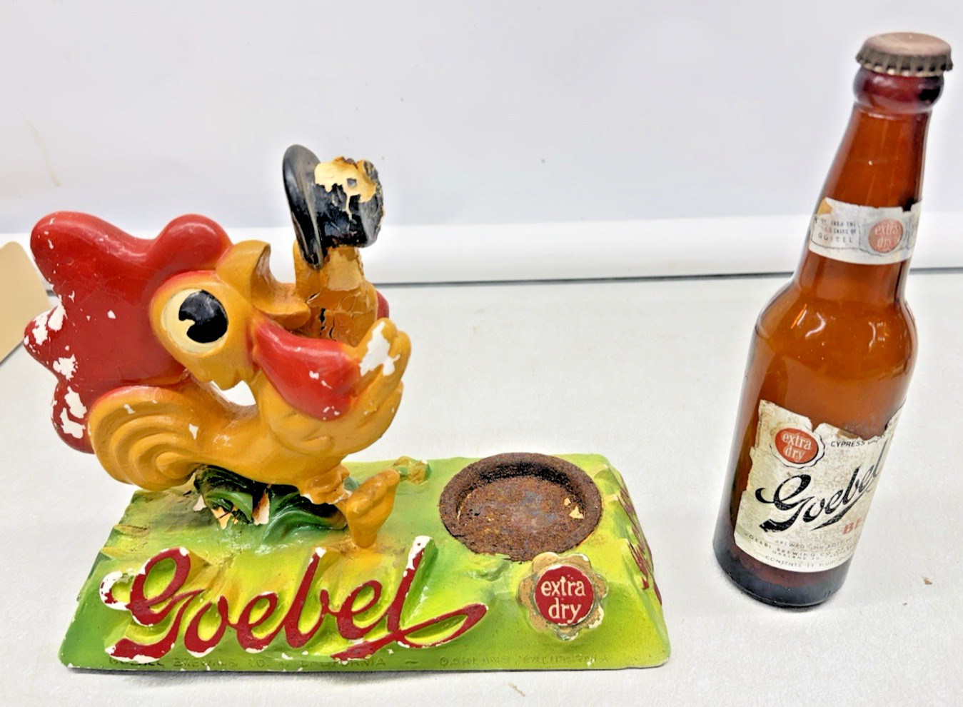 Vintage Goebel Beer Chicken Rooster Bottle Bar Back Advertising Sign Decor