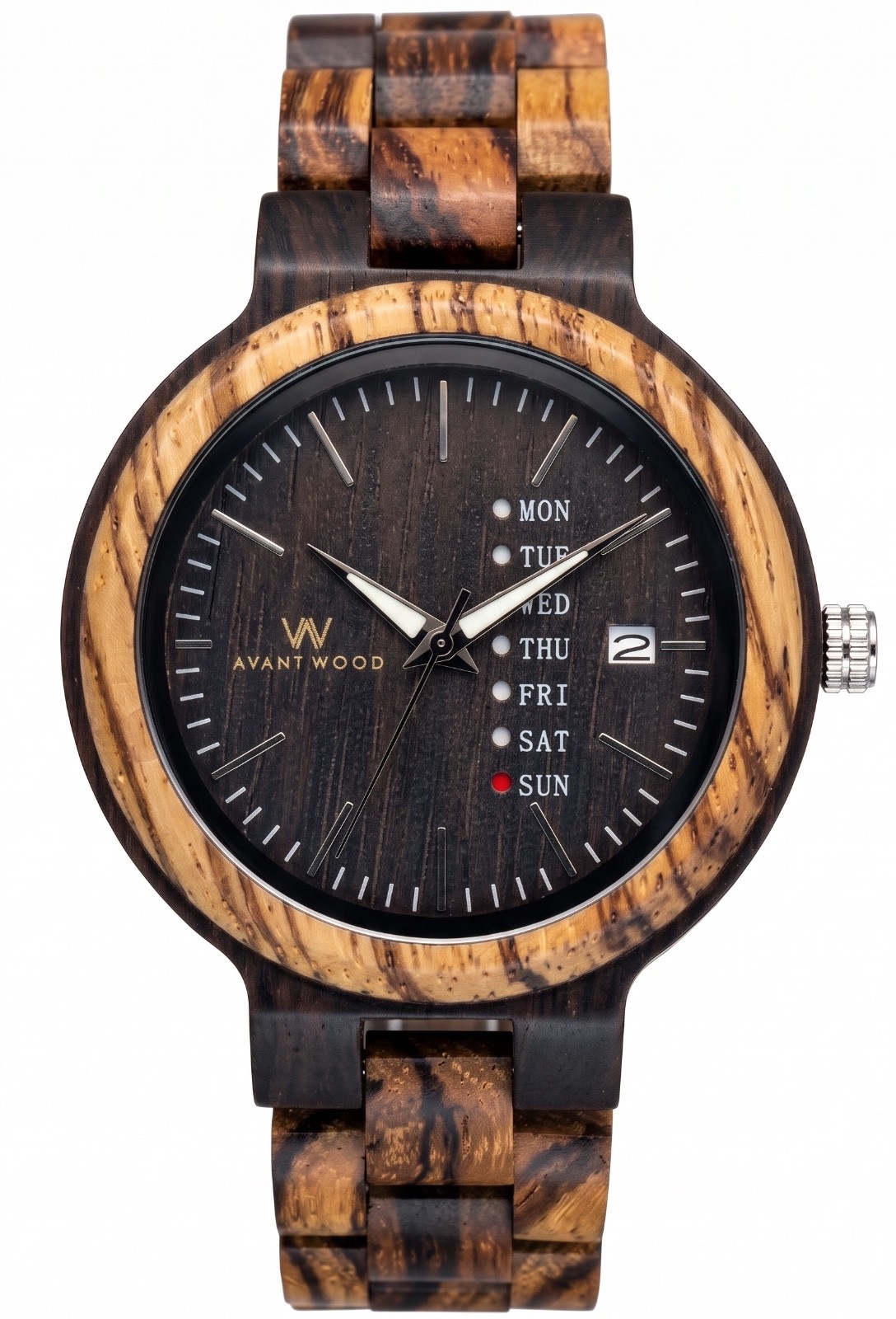 Avant Wood Men\'s 42mm Zebra Wood Watch Day Date Black Dial Quartz New Box