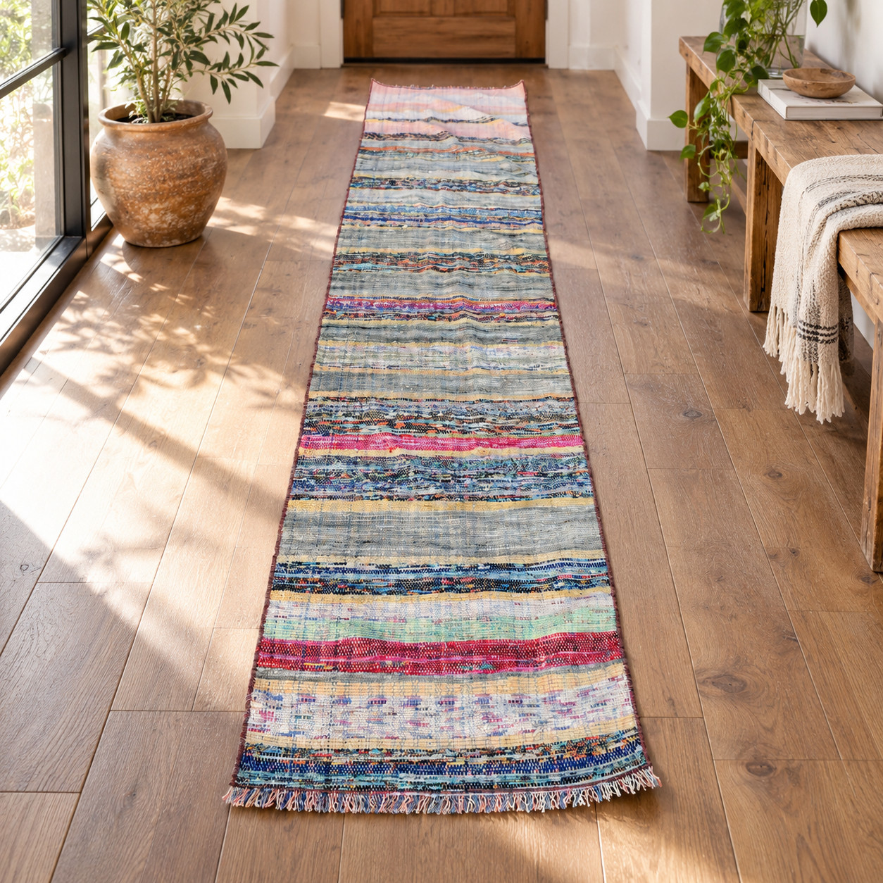 Striped Kayseri Carpet, Wool Kilim Rug, Flatwoven Kilim, 1.8 x 8.6 ft, Rainbow F