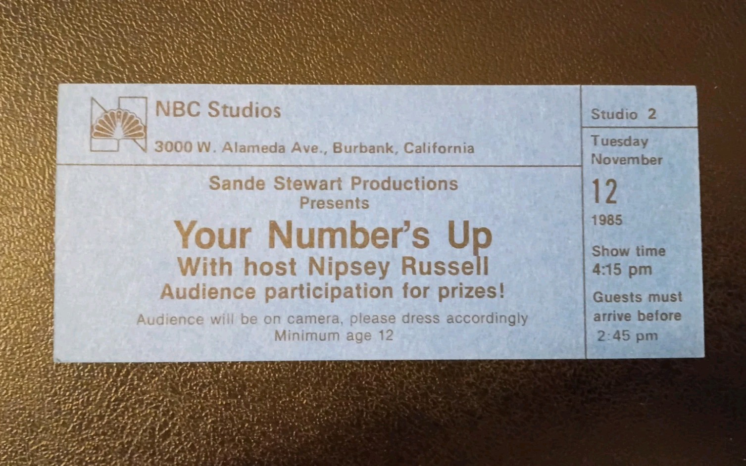 NBC Studios - Your Number\'s Up - Nipsey Russell - TV Game Show Ticket - 1985 NBC Studios - Your Number\'s Up - Nipsey Russell - TV Game Show Ticket - 1985