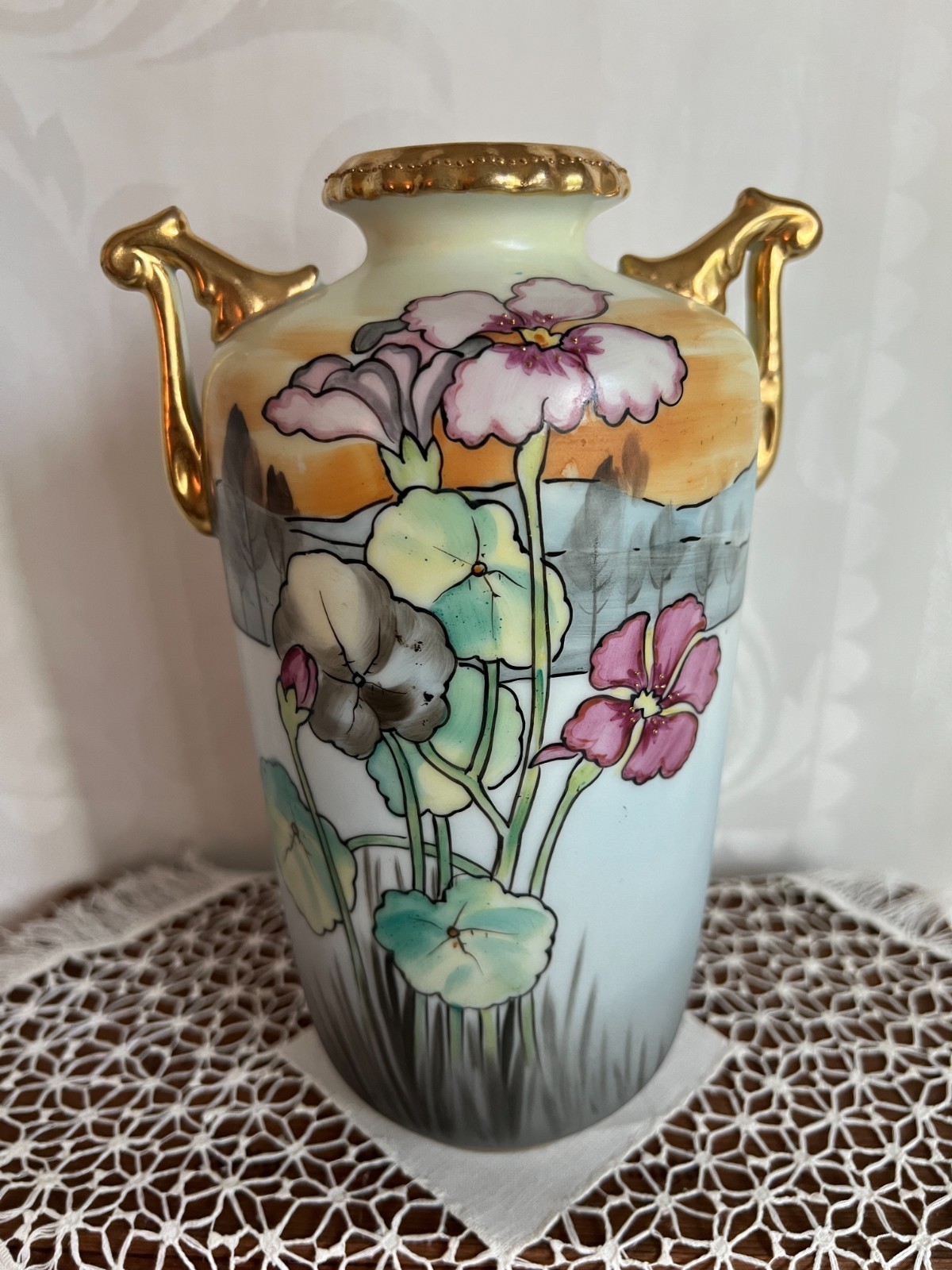 Antique Nippon Hand Painted Porcelain Vase Double Handle Floral Gold 1911-1921 Antique Nippon Hand Painted Porcelain Vase Double Handle Floral Gold 1911-1921