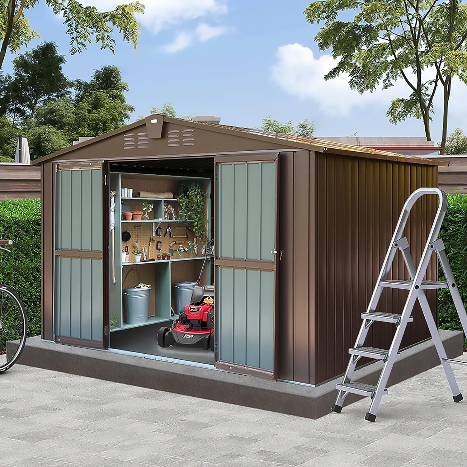 Domi Storage Shed 10'x 8' Metal Shed for Backyard,Garden w/Lockable Door,Brown