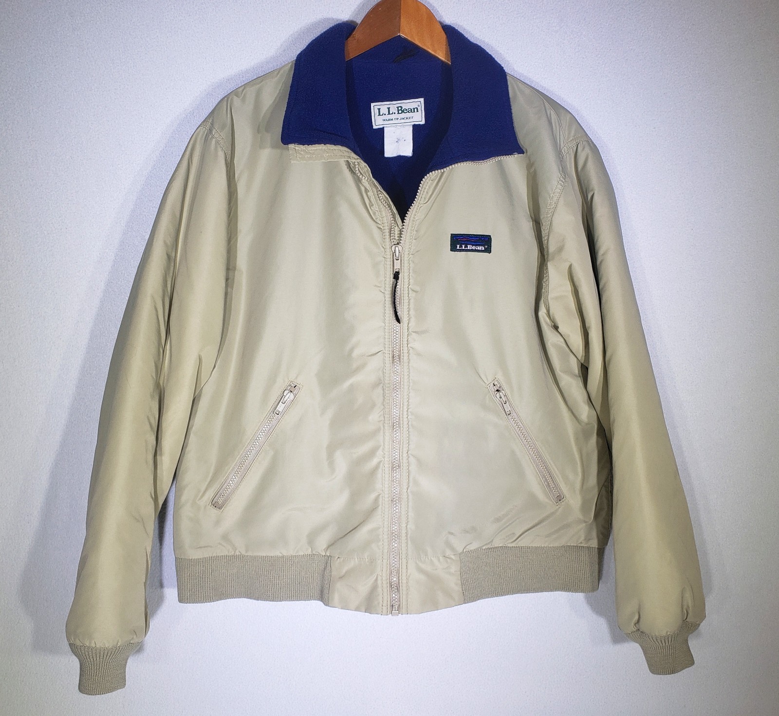 Vintage LL Bean Warm Up Jacket Tan Navy Blue Fleece Lined Size Large USA Made