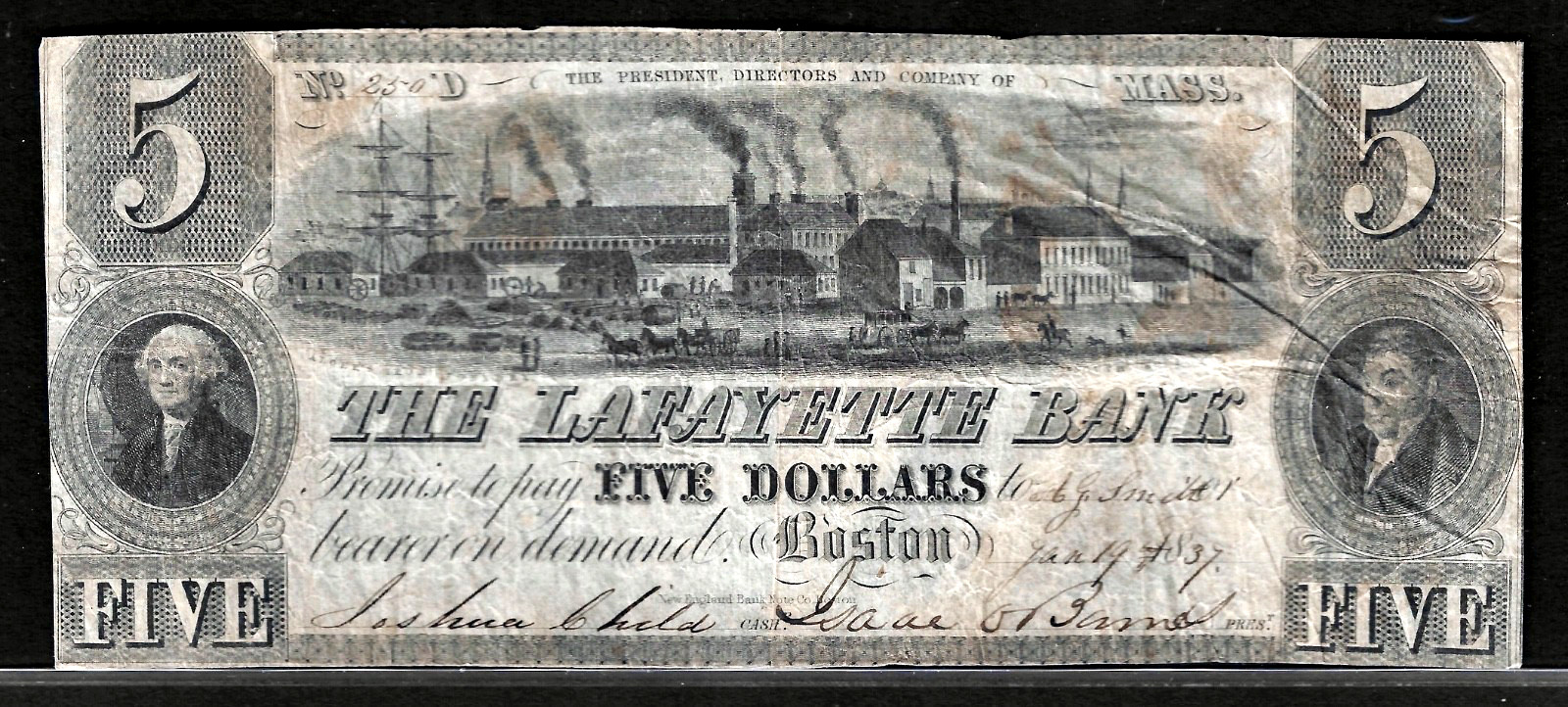 Jan 19, 1837 Boston Massachusetts The Lafayette Bank $5 Dollar Obsolete Note