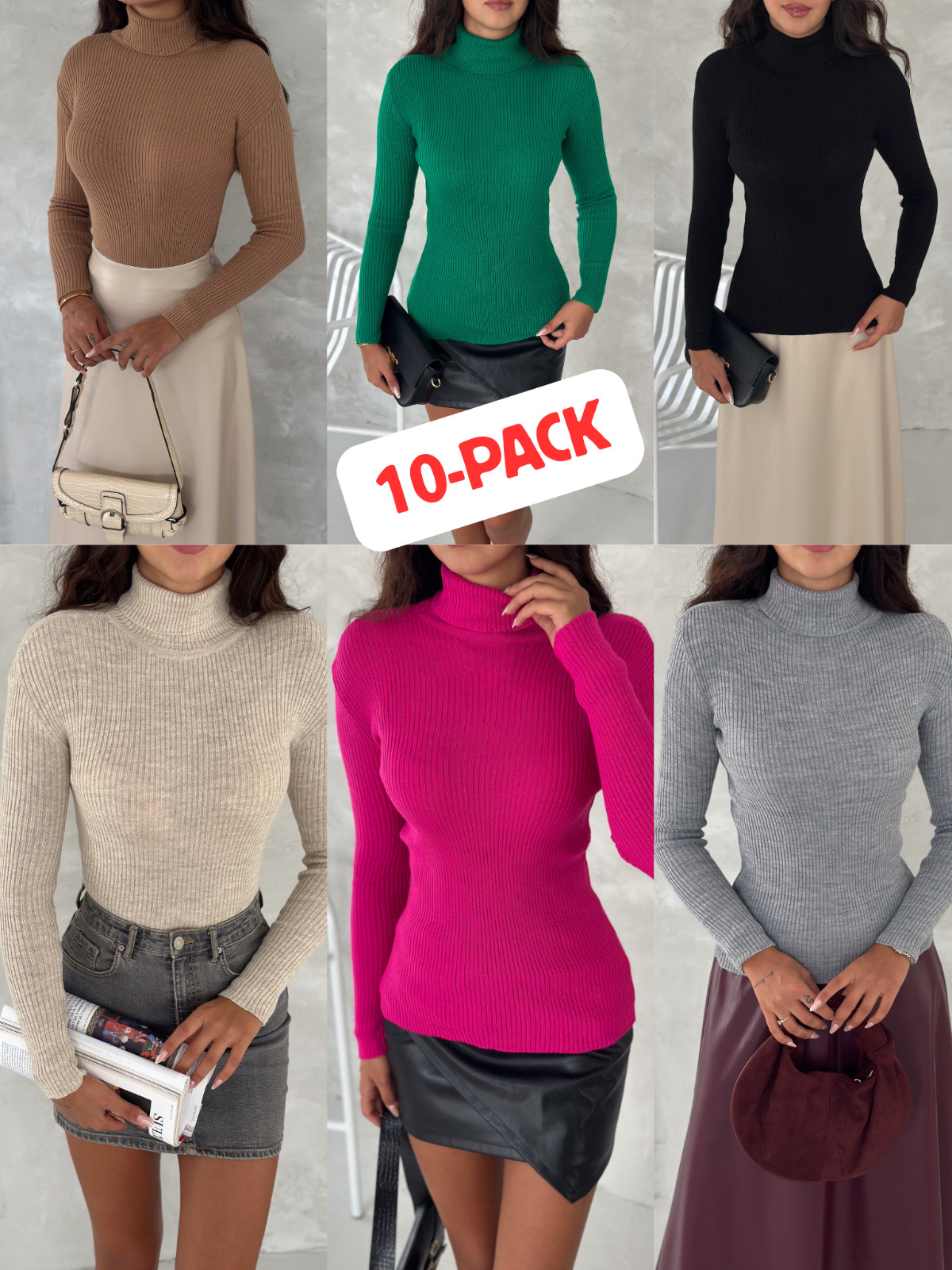 VAV Women\'s Turtleneck Knit Top 10-Pack 10-Colors Turtleneck Basic Body Top