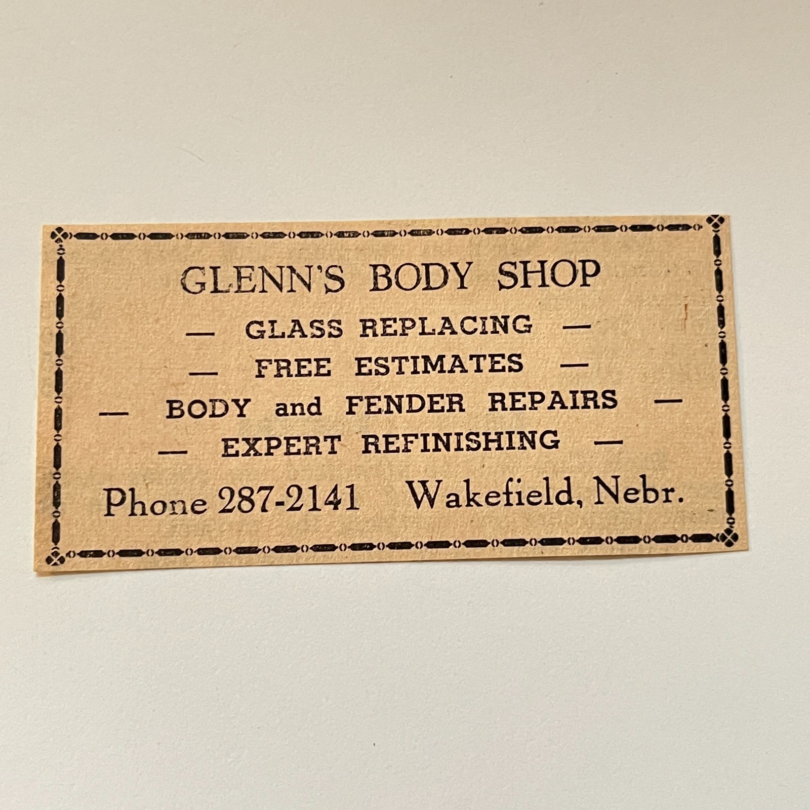 Glenn's Body Shop Glass Replacing Wakefield NE 1965 Nebraska Ad TAK4-S8 Glenn's Body Shop Glass Replacing Wakefield NE 1965 Nebraska Ad TAK4-S8