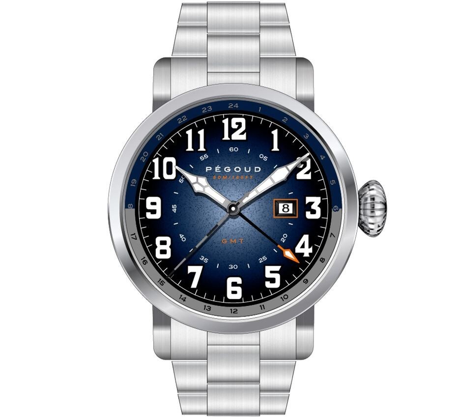 Pegoud Premiere Men\'s GMT Watch SWISS Quarts Stainless Steel and Blue 
