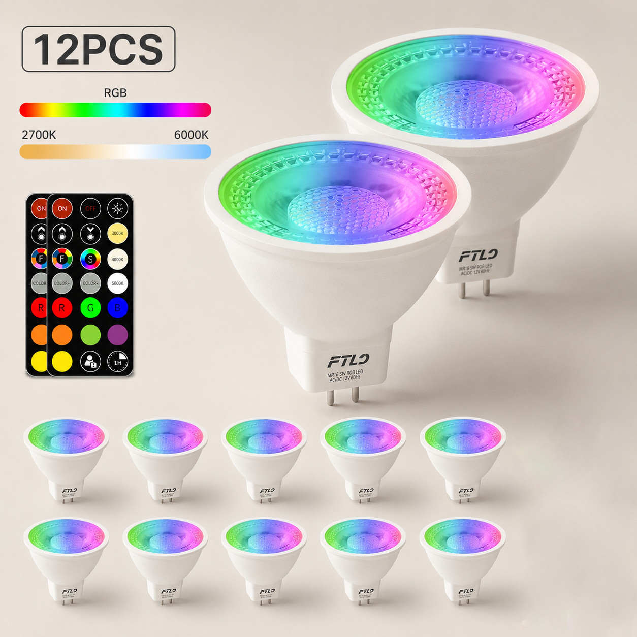 12 Pack MR16 RGB LED Bulbs 12V GU5.3 Color Changing Dimmable Remote 5W