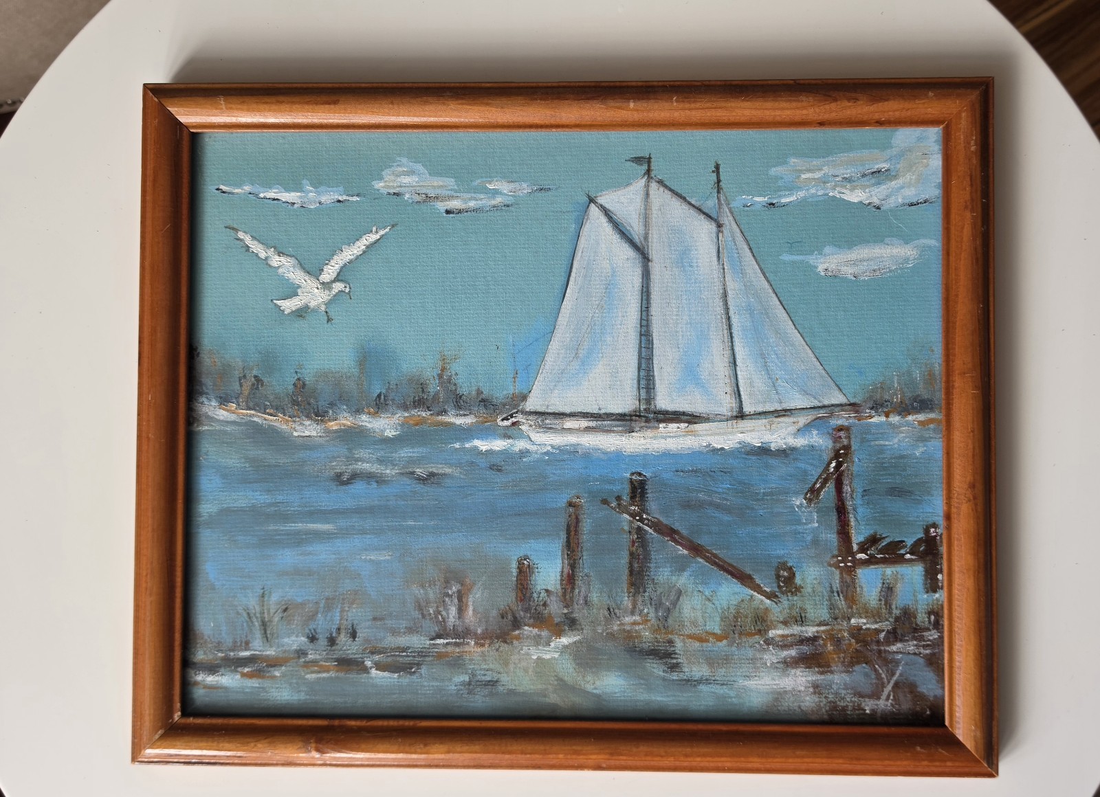 Vintage Original Amateur Sail Boat Coastal Painting On Canvas Vintage Original Amateur Sail Boat Coastal Painting On Canvas