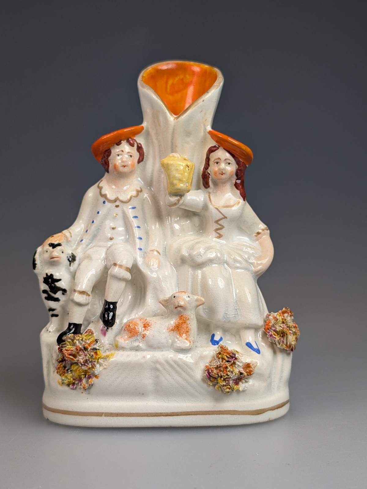 Antique 19th Century Staffordshire Pottery Small Figure Lady & Man Dog & Lamb