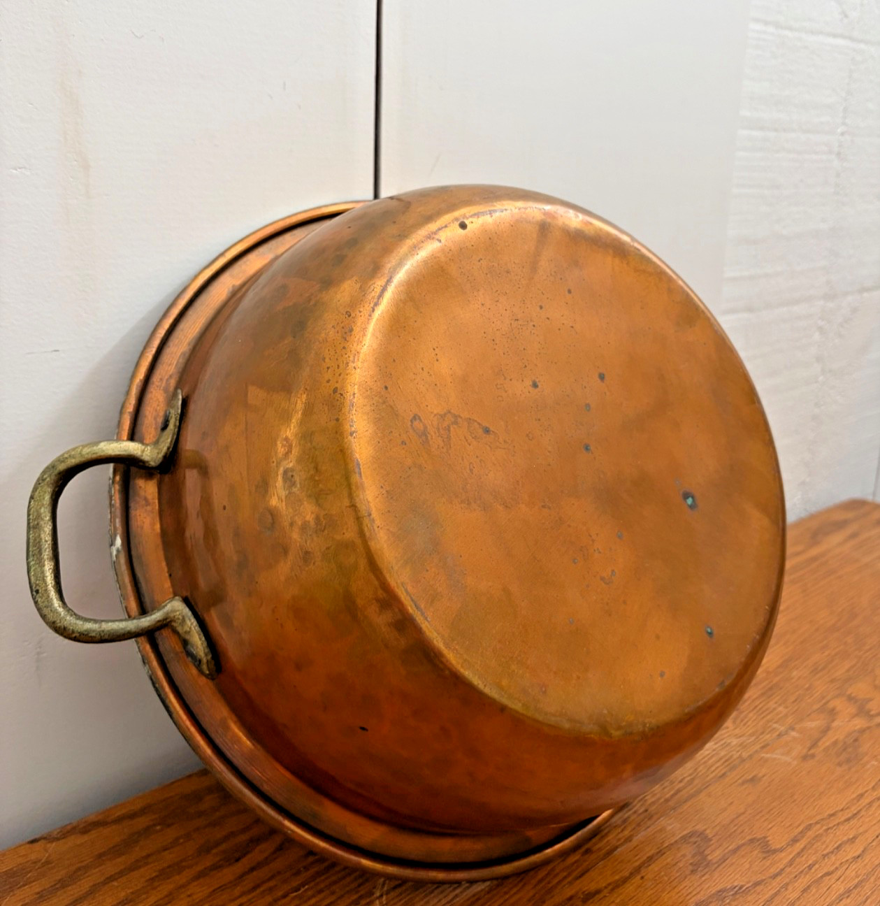 Large Vintage French Copper Pan Hammered Tinned Interior Brass Handles