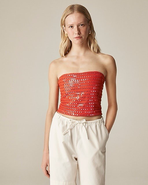 NWT New J.Crew Women\'s Red Broken-In Jersey Tube Top With Mirror Embellishments