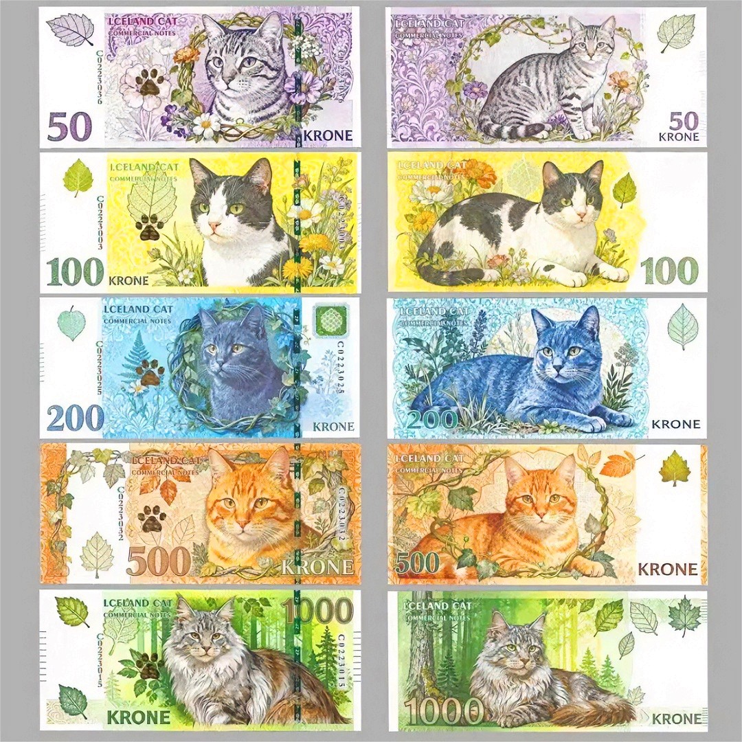 Iceland Cat Full Set 50/100/200/500/1000 Banknotes Memorial Commercial Notes