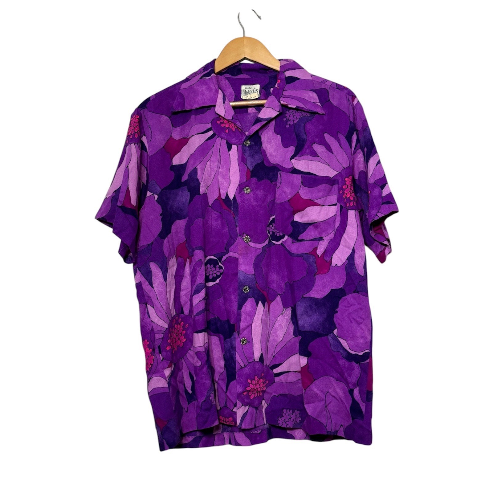 VTG 60s Evelyn Margolis Hawaii Floral Shirt Textured Acrylic Purple Large Floral