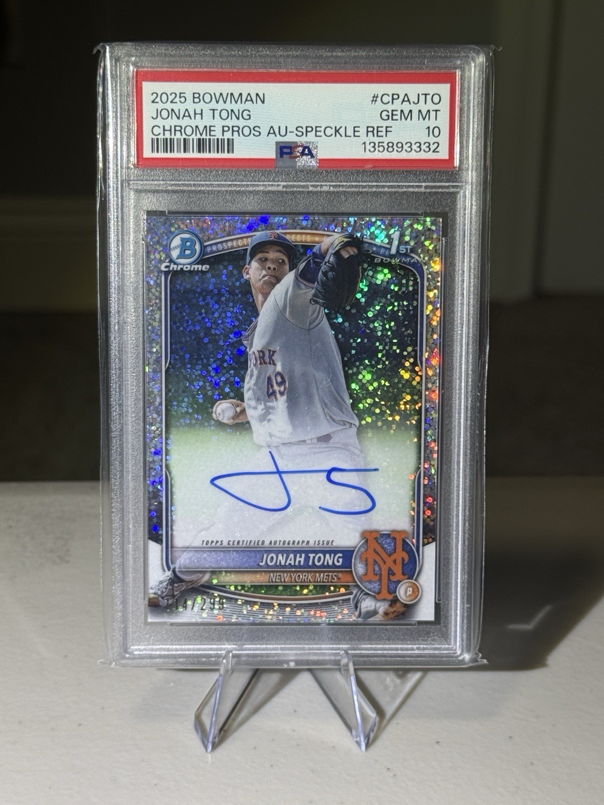 2025 Bowman Chrome Jonah Tong Auto Speckle Ref 114/299 #CPA-JTO PSA 10 NY Mets