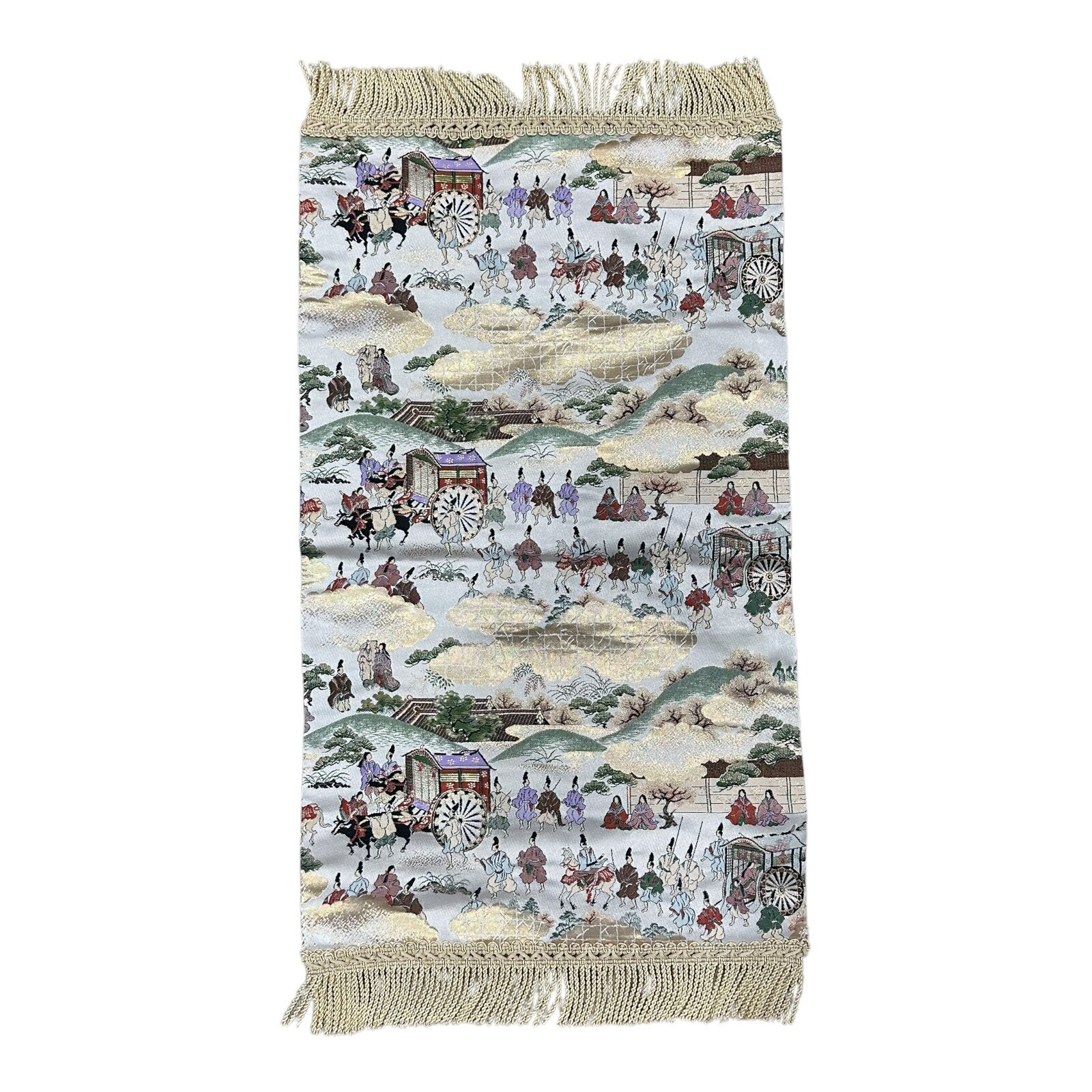Vintage Asian Silk Table Runner Wall Hanging Japanese Golden Accents People