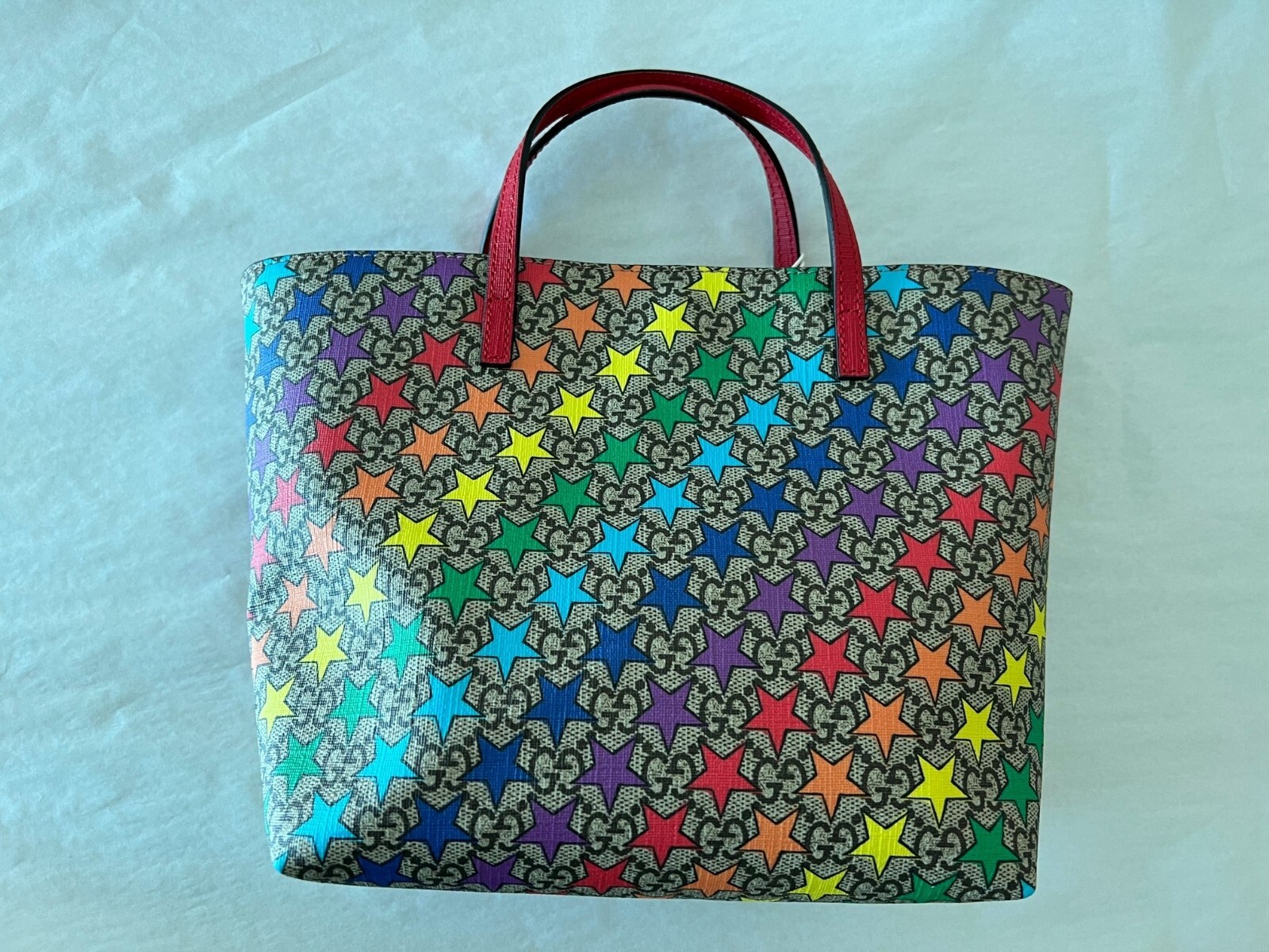 Gucci Rainbow Stars Leather Supreme Tote Handbag Bag Red Small Purse Italy NEW
