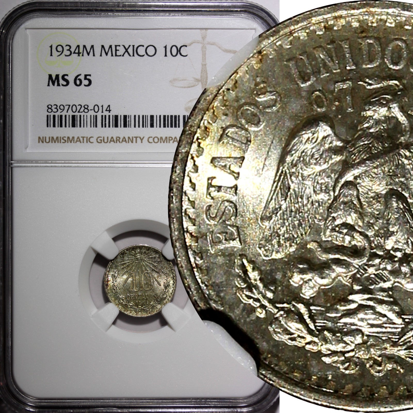 MEXICO Silver 1934 M 10 Centavos NGC MS65 GEM BU Nice Toned KM# 431 (014) MEXICO Silver 1934 M 10 Centavos NGC MS65 GEM BU Nice Toned KM# 431 (014)
