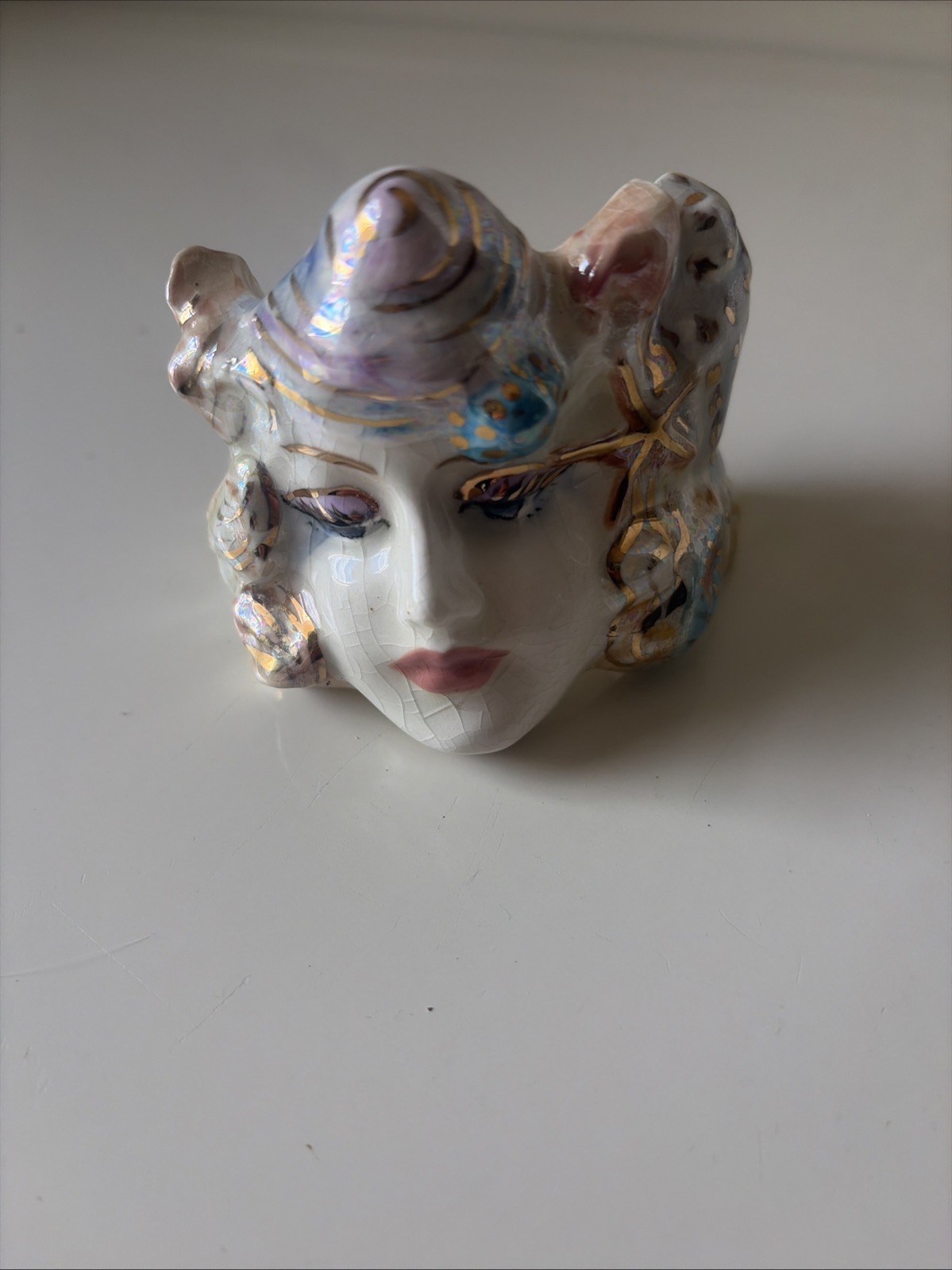 Vintage Art Nouveau Ceramic Glazed Sculpture Of Young Woman’s Head Seashells Vintage Art Nouveau Ceramic Glazed Sculpture Of Young Woman’s Head Seashells