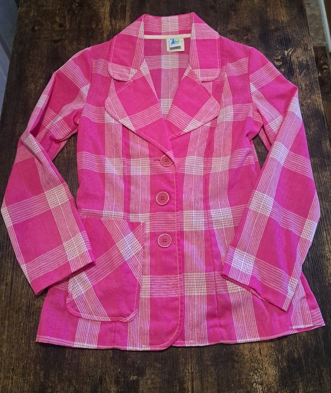 Vintage 70s Thermo-Jac Pink Plaid Blazer Jacket Size 11