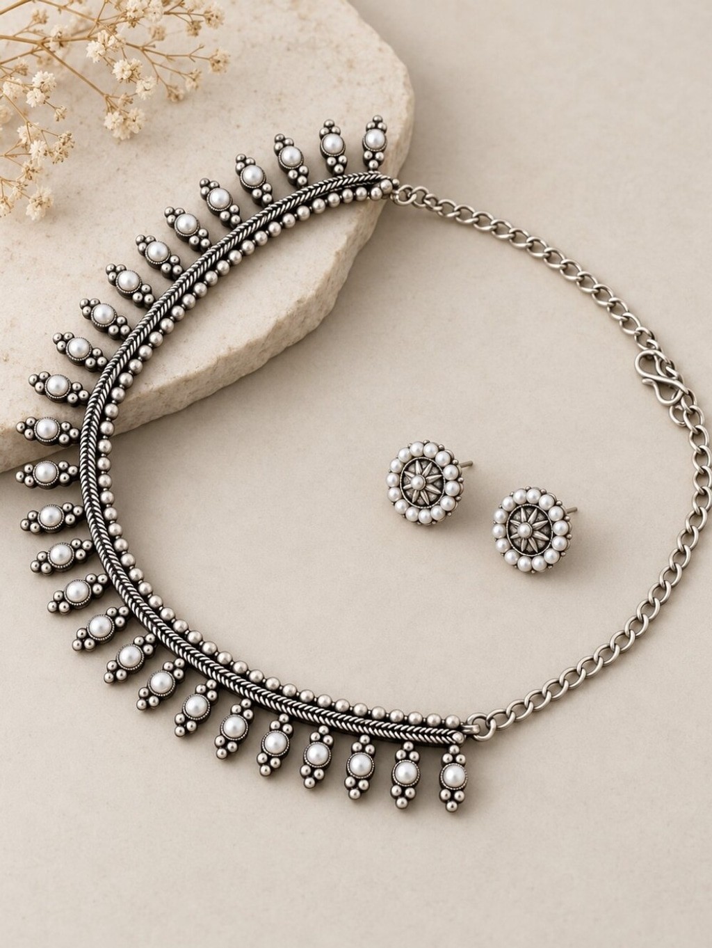Silver Oxidized Beaded Ethnic Necklace & Earrings Set