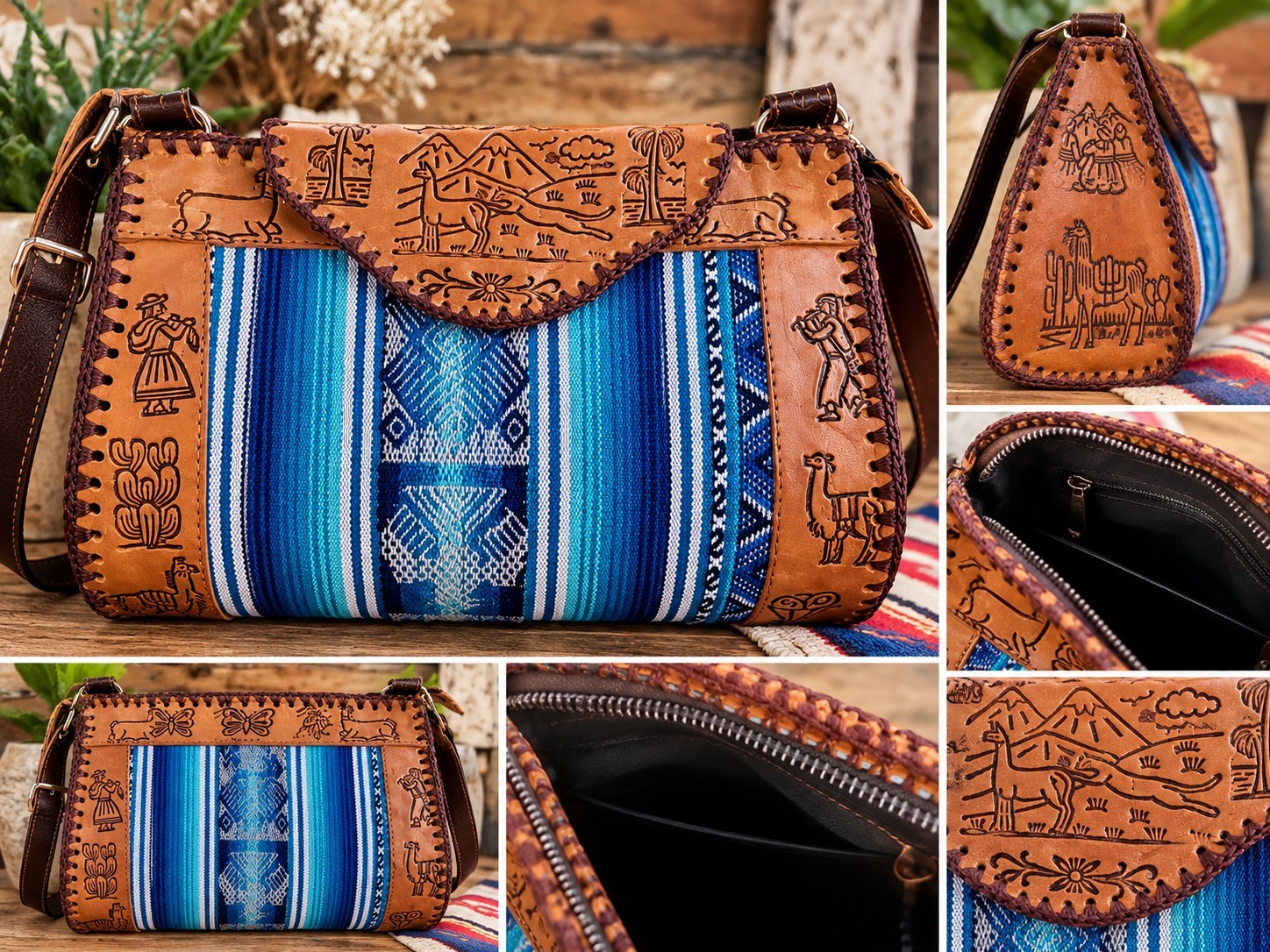 Vintage  Leather Woven Textile Shoulder Bag Llama Cactus Southwestern Purse