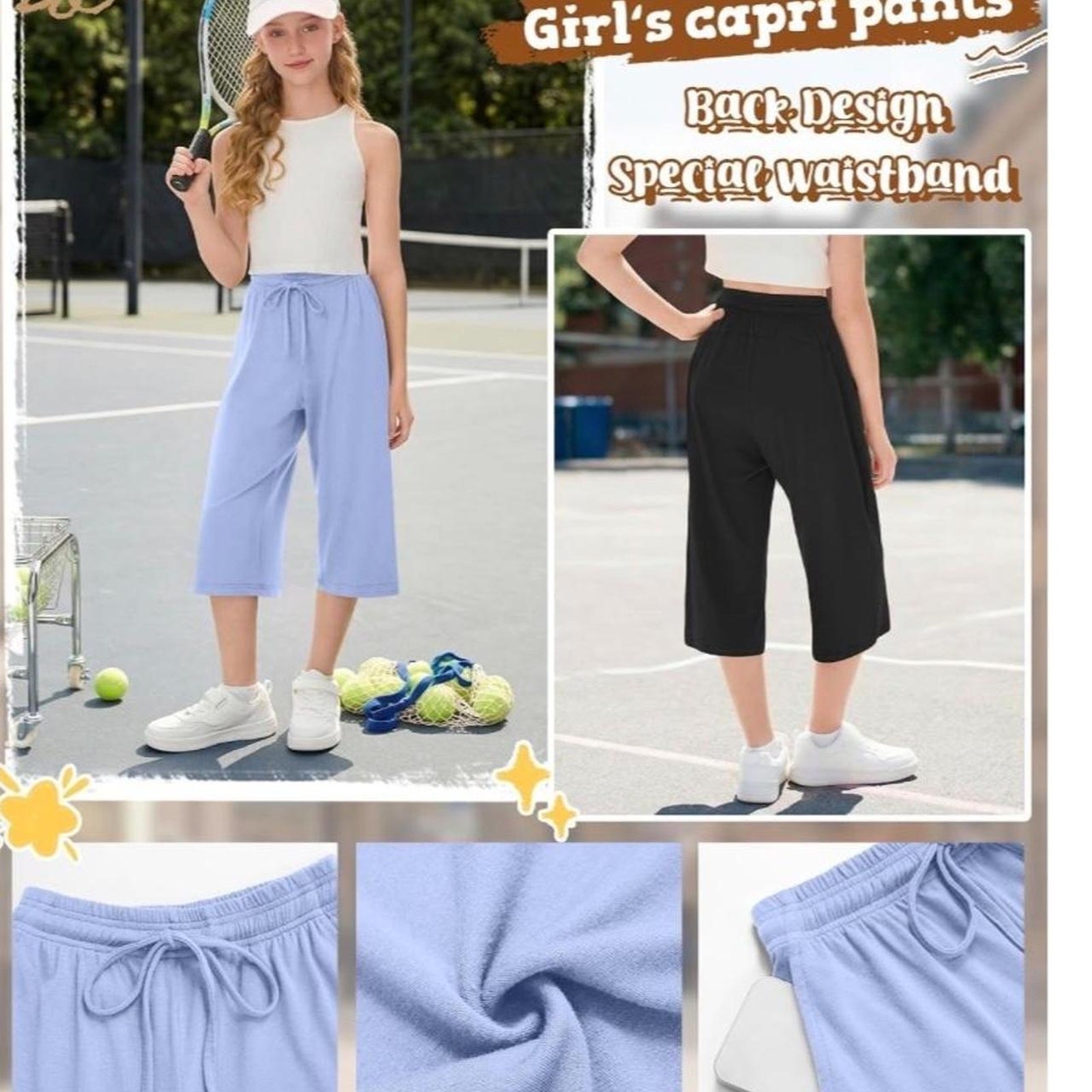 🚨 Langyiwee Girls\' Capri Pants Drawstring Elastic Waistband Size 9-10 Years👖