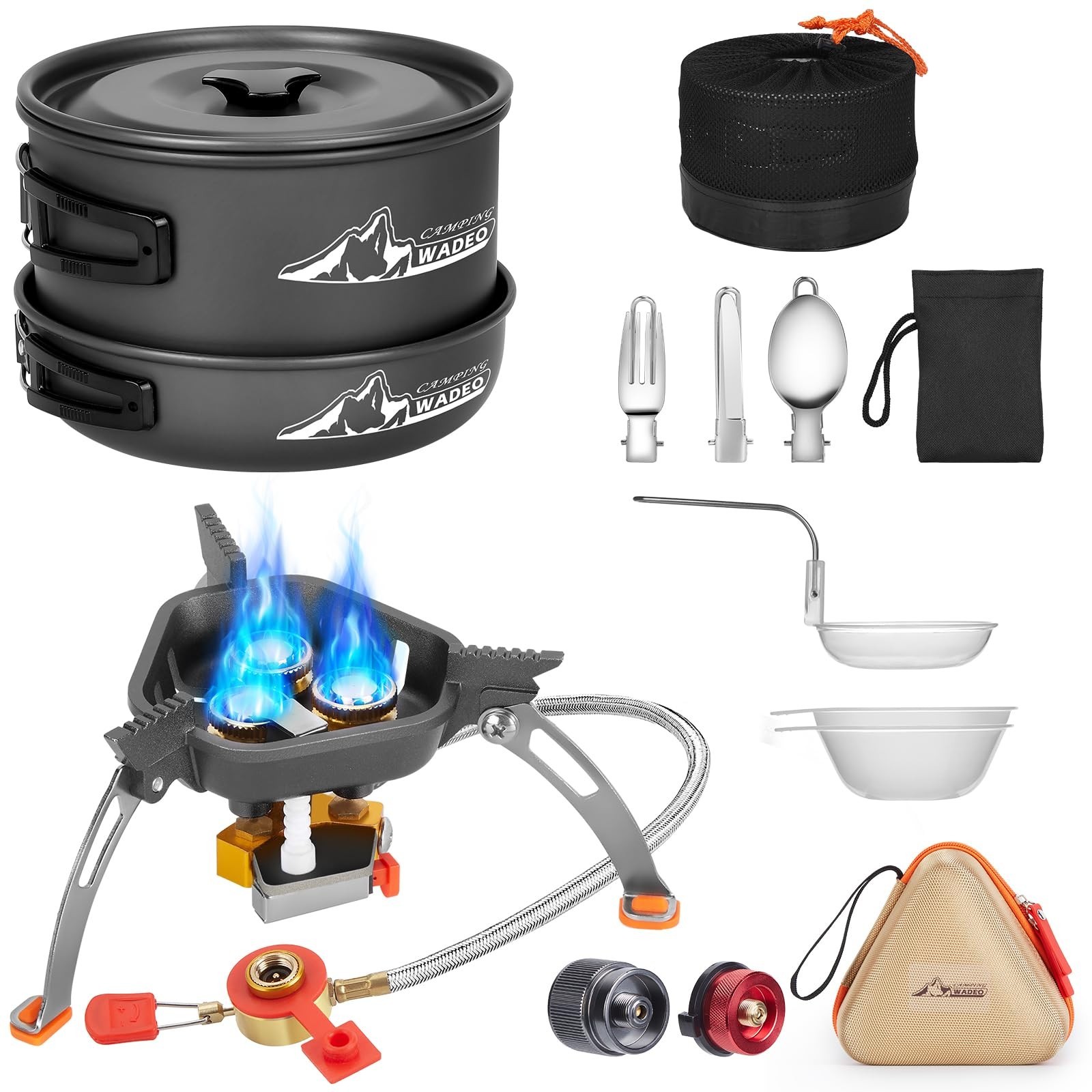 WADEO Camping Cookware Mess Kit with 7200W Camping Stove, Fork Knive Spoon WADEO Camping Cookware Mess Kit with 7200W Camping Stove, Fork Knive Spoon