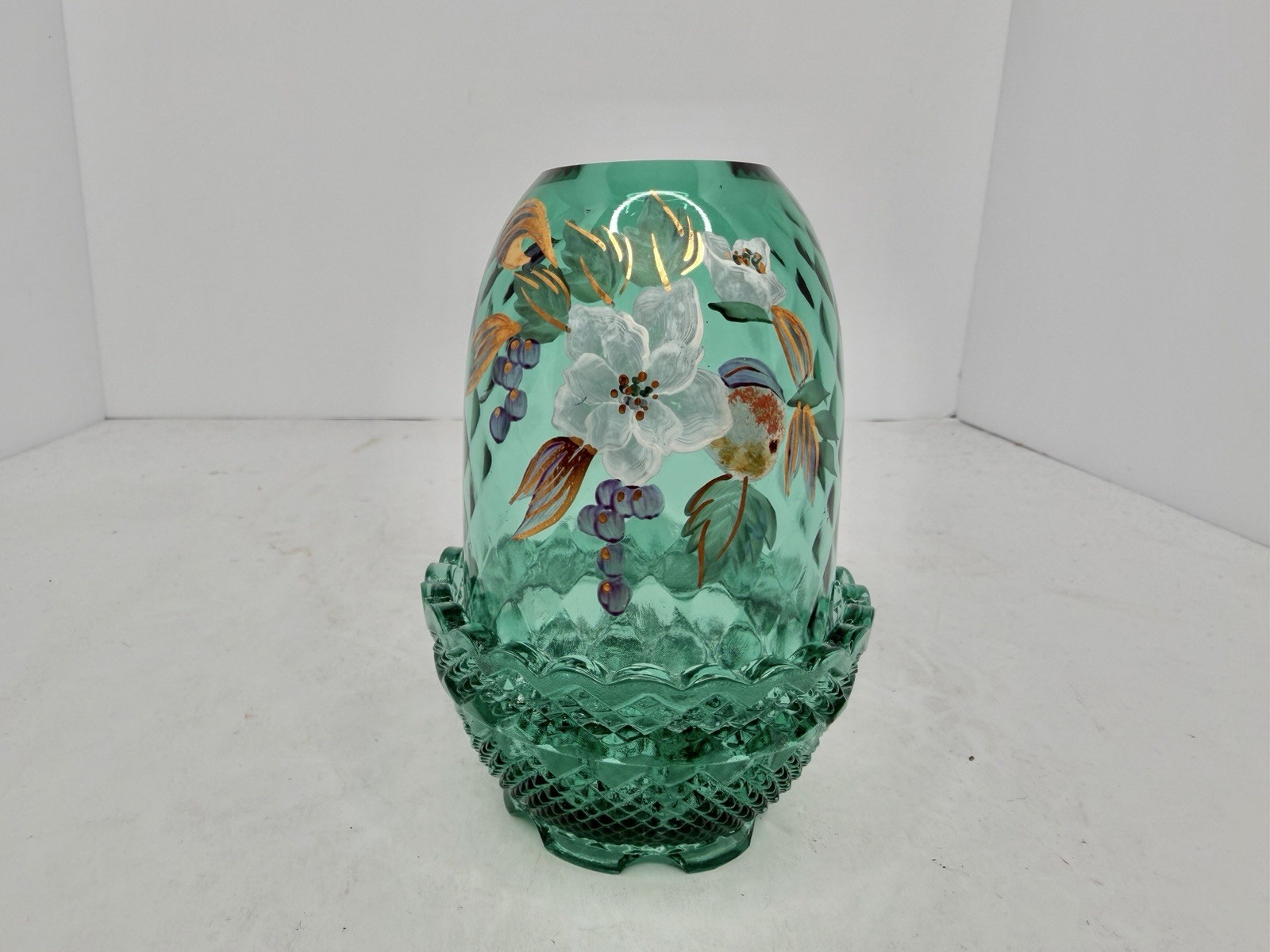 Vintage Fenton Glass Green Optic 2pc Glass Fairy Lamp Hand Painted Vintage Fenton Glass Green Optic 2pc Glass Fairy Lamp Hand Painted