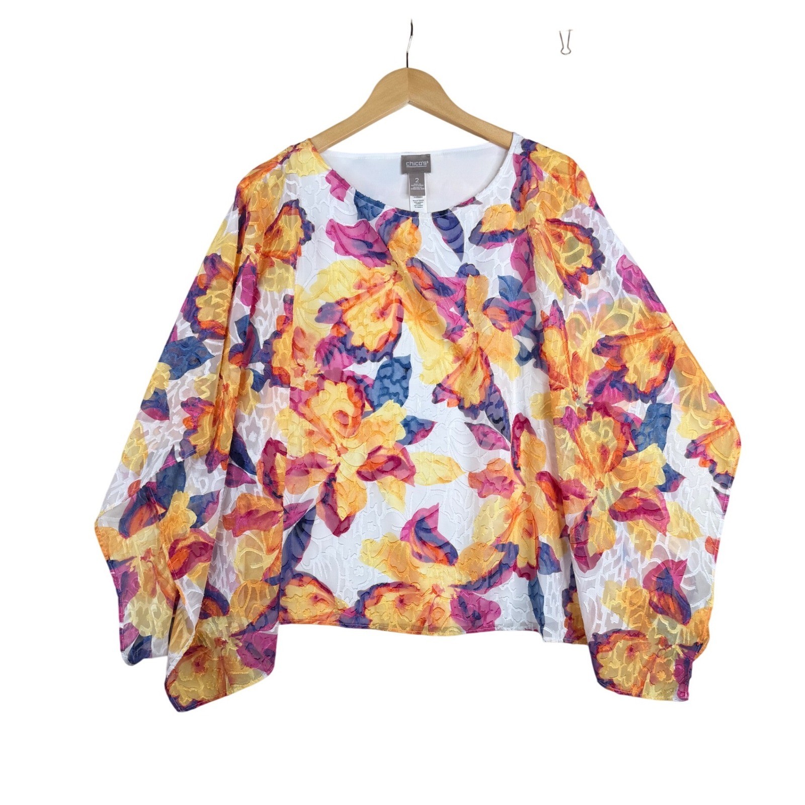 Chico\'s Vibrant Floral Print Batwing 2 Piece Blouse size 2 (US Large) White